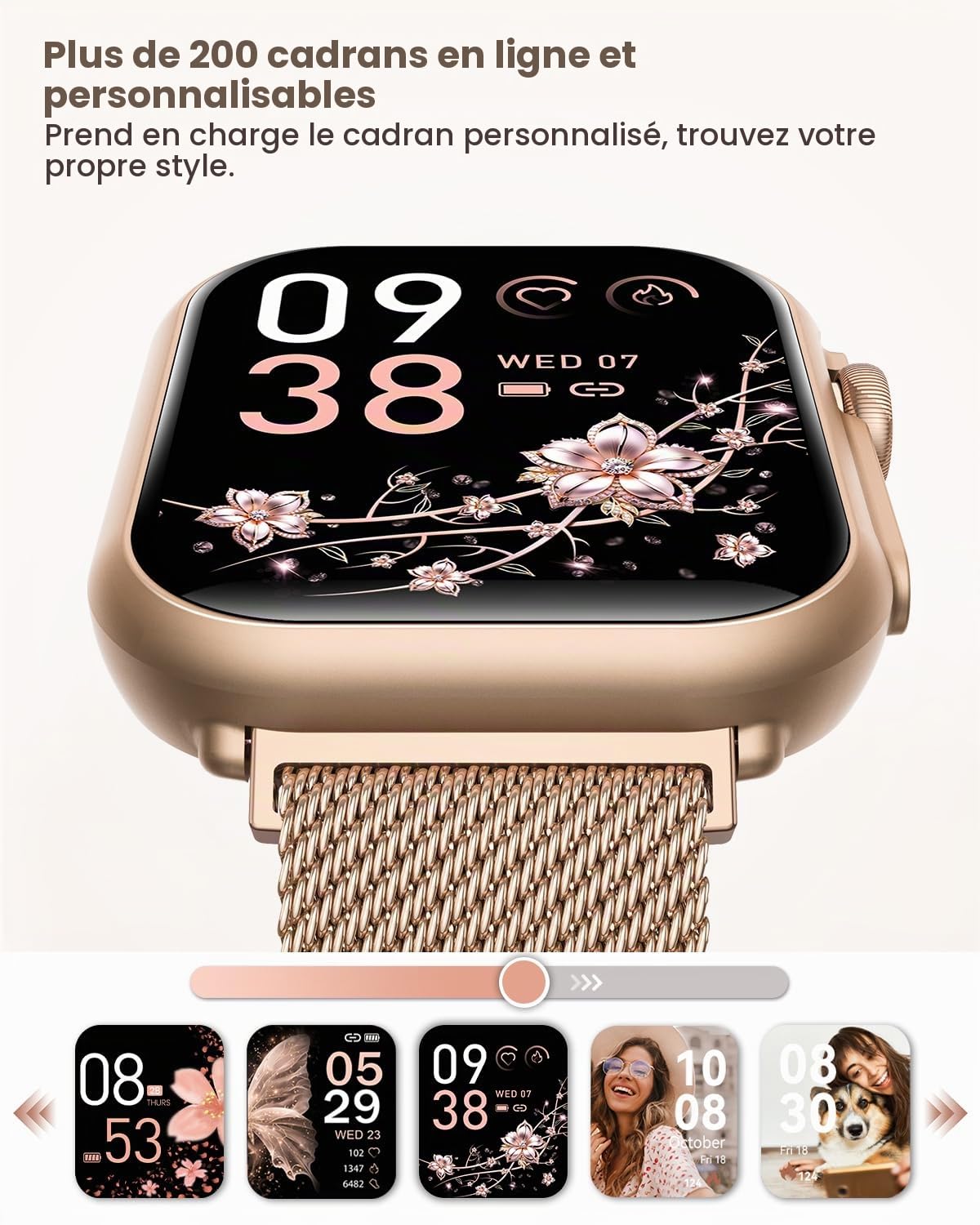 SWGOTA Montre Connectée Femme avec 1000mAh Batterie, Autonomie 100 Jour Ultra-Longue, 1.83" HD Smartwatch Appel, 24H Fréquence Cardiaque/SpO2/Sommeil, 120+ Sports, IP68 Podomètre Android iOS Or Rose