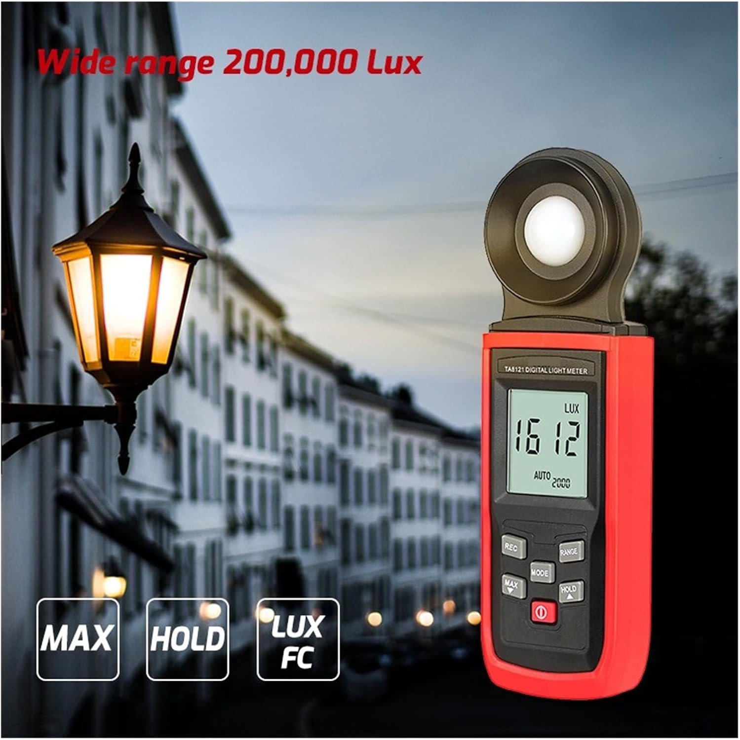 LIBODD TA8121 Digital Light Meter displaying '1612 LUX' with 'AUTO' range, indicating wide measurement capability.