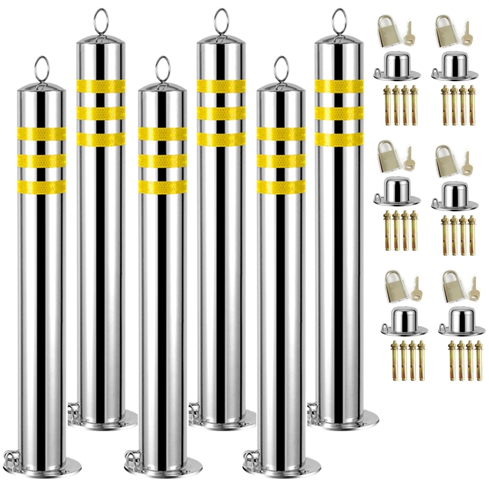 GTHTUHFD Safety Bollard Removable Locking, Stainless Steel Delineator Post, Bollard Parking With Reflective Strips, Traffic Indicator Bollards, For Road Construction Work,1Pc,6pcs-80cm/31.5in