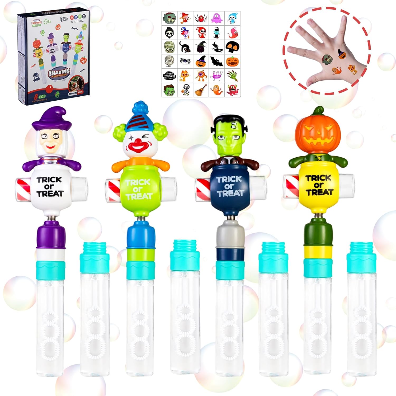 Ancesfun 4 PCS Halloween Bubble Wand and 24 PCS Tattoo Stickers Toys Gifts for Kids