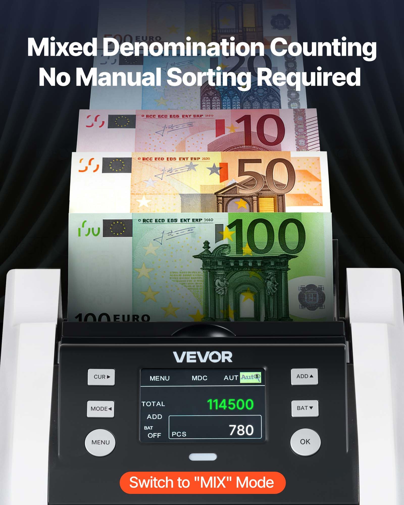 VEVOR Contabanconote Velocità 1200 banconote/min da Banco, Contasoldi con Conteggio del Valore, Rilevamento di Banconote False UV MG IR DD DBL HLF CHN, Display TFT, per Banconote Multiple Valori Misti