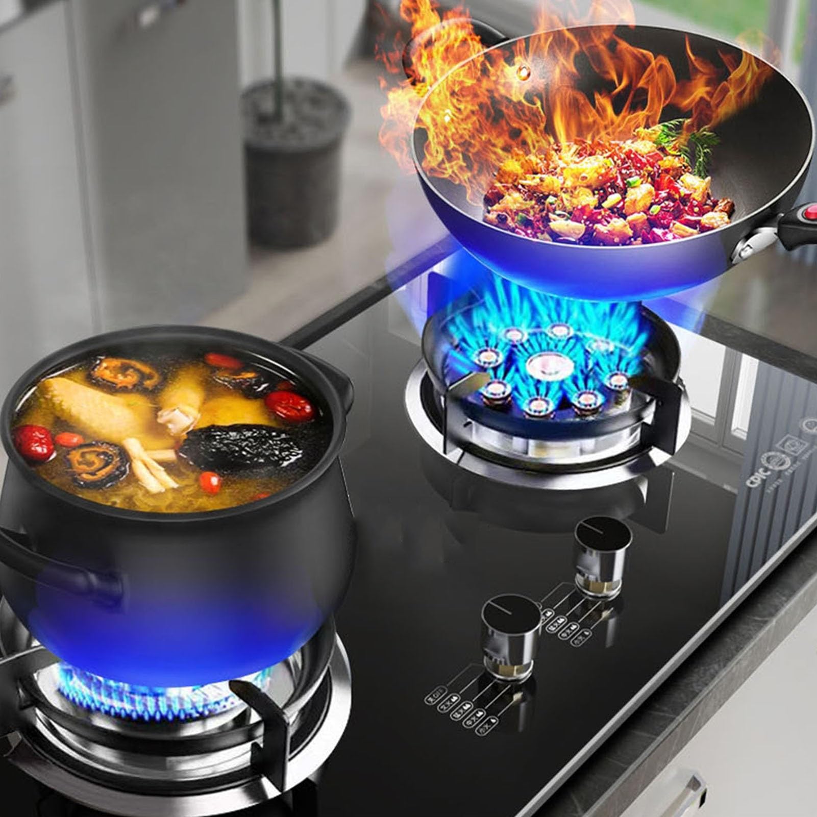 Cocina De Gas De 2 Fuegos, 4,5/5,2 KW, Agarradera De Hierro Fundido Con Protección Contra Llamas, Cocina Independiente De Cristal Negro.(NG)