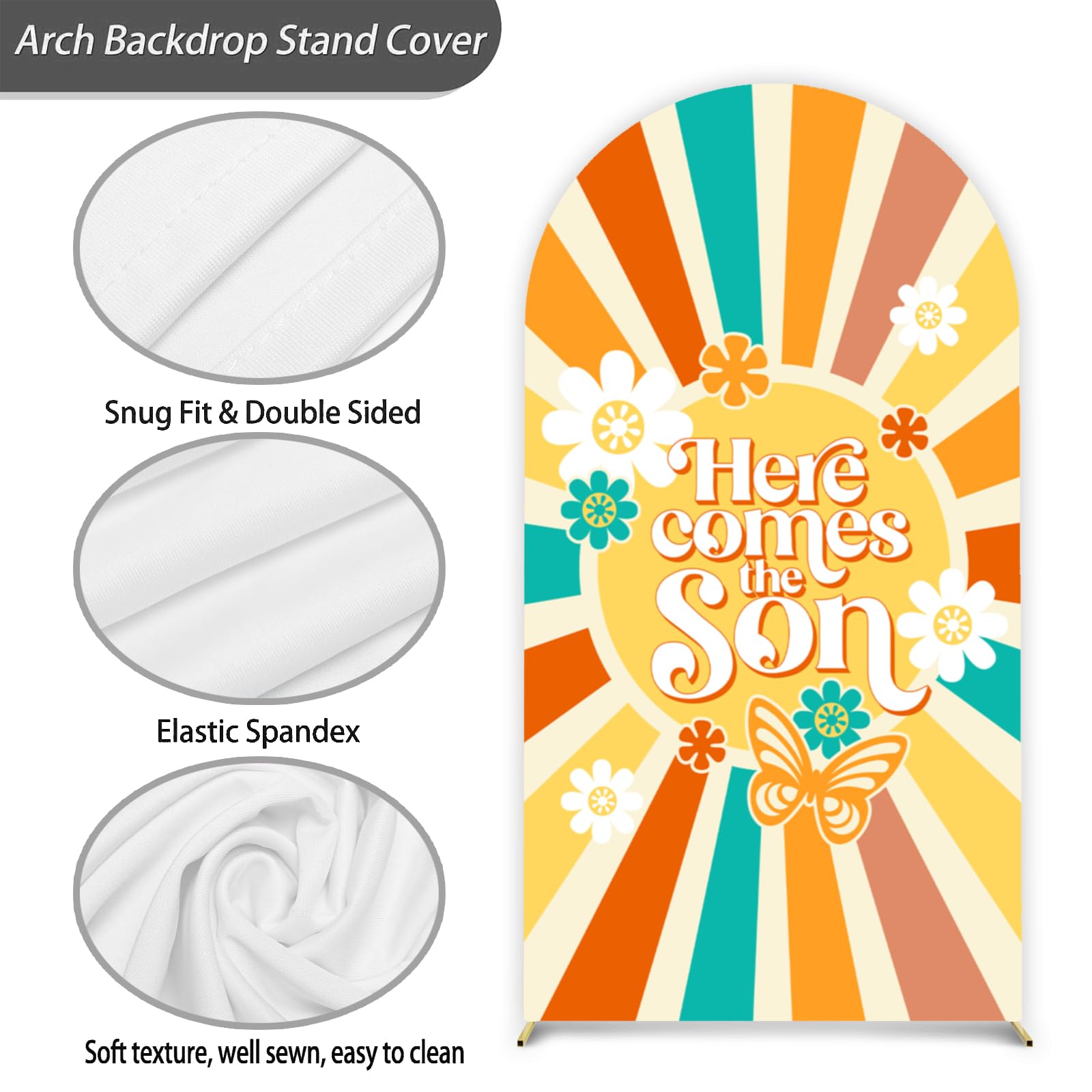 Sunshine Baby Shower Backdrop 7.2ft Here Comes The Son Spandex Arch Backdrop Cover 2-Sided Daisy Round Top Arch Covers Stretchy Backdrop for Boys Baby Shower Party Photo Booth Studio Props