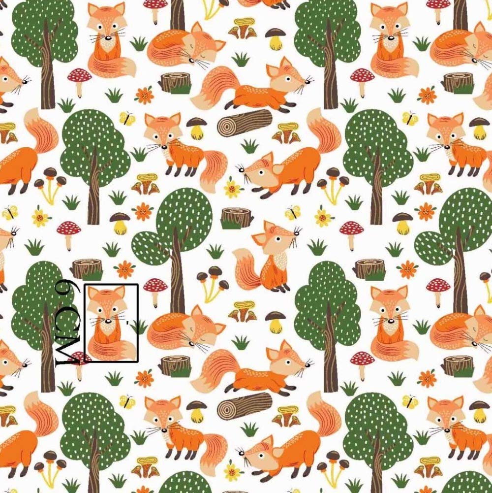 Tissu 100 % coton pour enfants - 300 x 160 cm - Vendu au mètre - Travaux manuels - Tissu pour couture (motif : renard, arbres, tronc d'arbre - 300 x 160 cm)