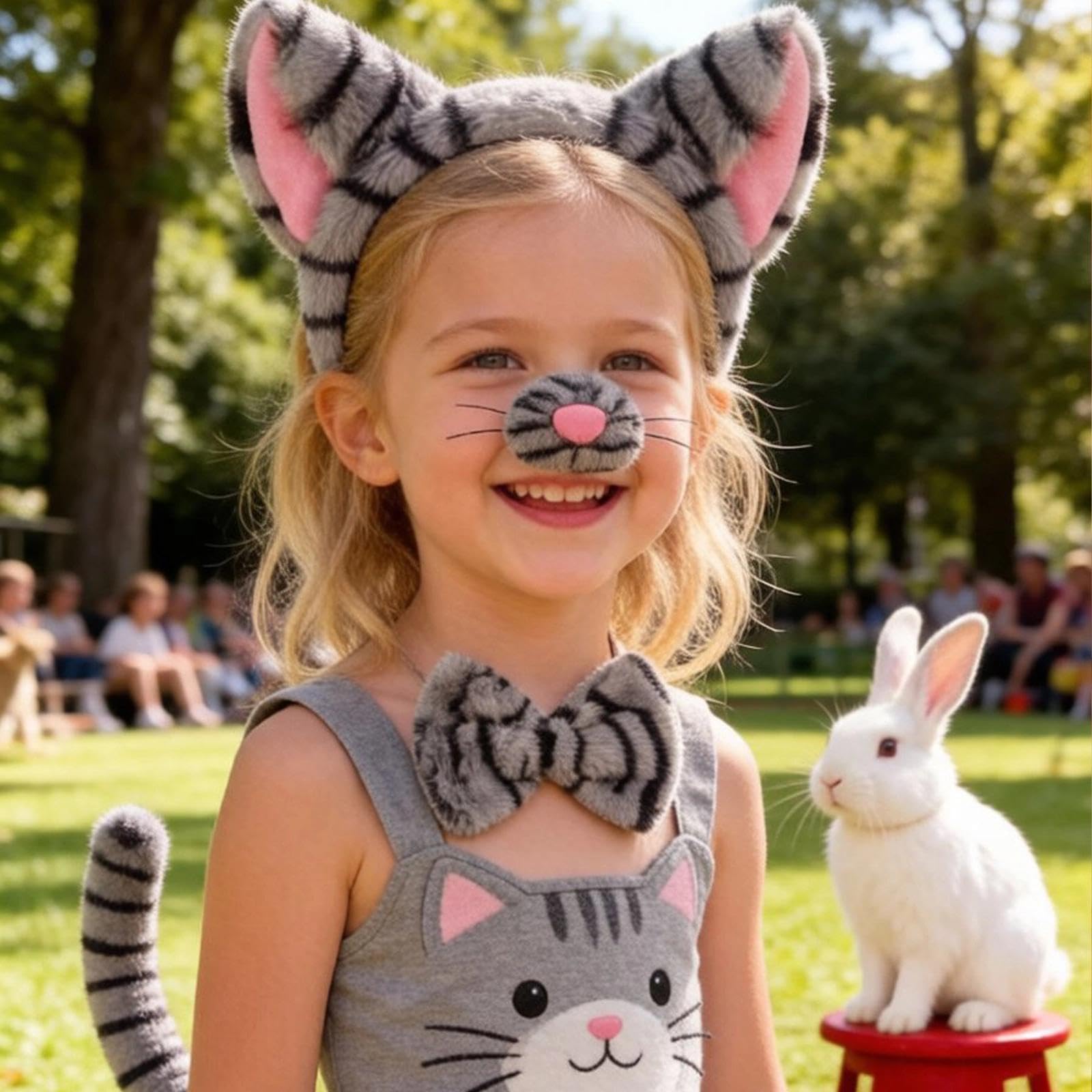 4 pezzi – Set accessori costume da gatto – Cerchietto in peluche grigio tigrato con orecchie, naso, coda e papillon – per bambini e adulti – Per Halloween, feste a tema, ecc.
