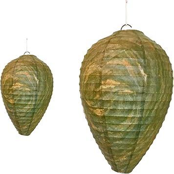 PESTEZE USA Green Camo 2 Pack Hanging Paper Wasp Nest Decoy Deterrent Outdoor Fake Hornet Hive Repellent for Wasps Yellow Jacket Control Patio Porch Deck Garden Durable Weatherproof Pack Set for Home