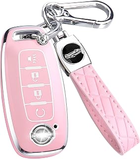 Key Fob Cover for Nissan with Keychain Accessories, Premium Soft TPU Full Protection Key Case for 2023 2024 Pathfinder Rogue Kicks 2025 Smart Key Protector (4 Buttons, Pink)