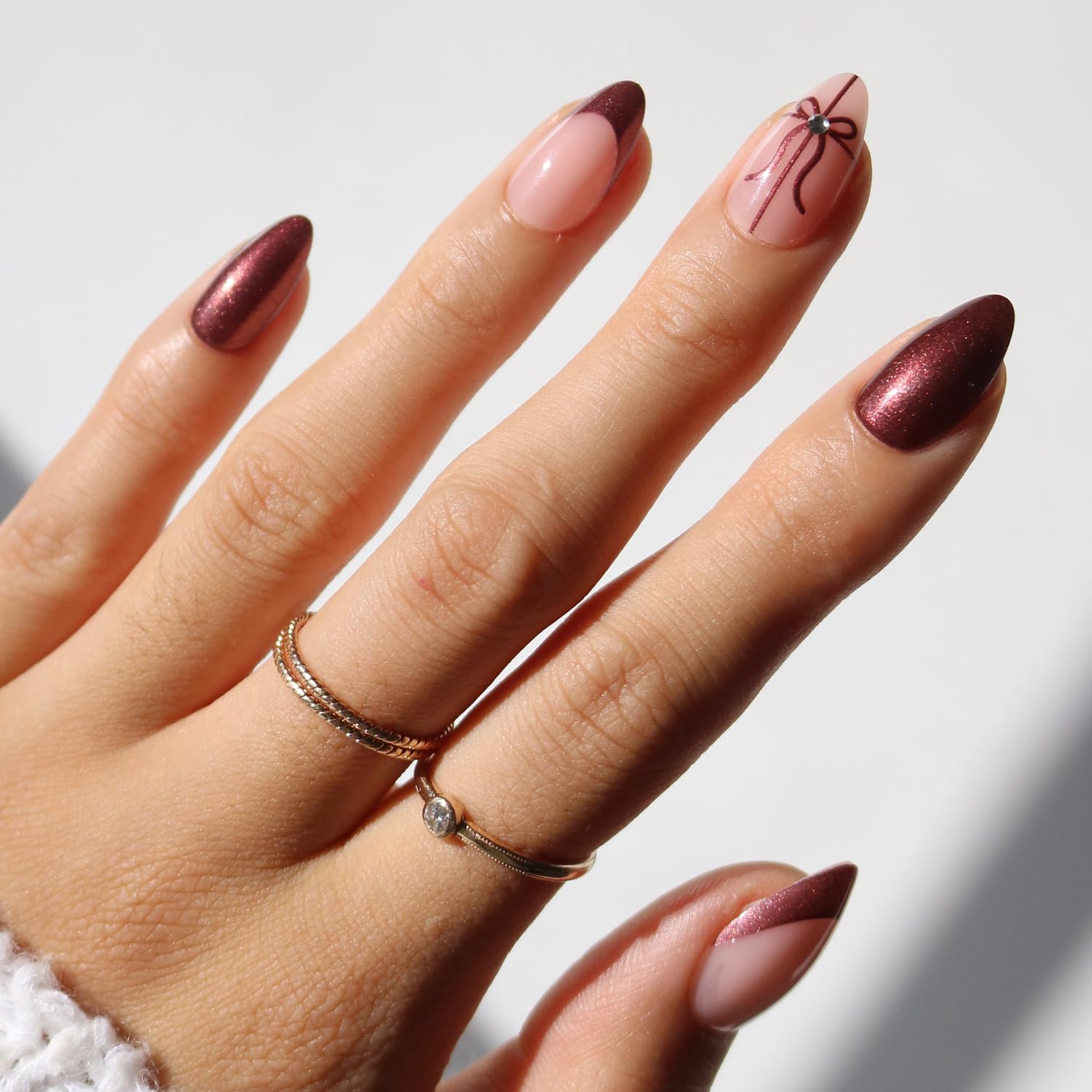 Glamnetic Press On Nails - She's A Gift | Short Almond Fake Nails in Burgundy Chrome with French Tips and Ribbon Designs with 3D Gems, Salon Quality |