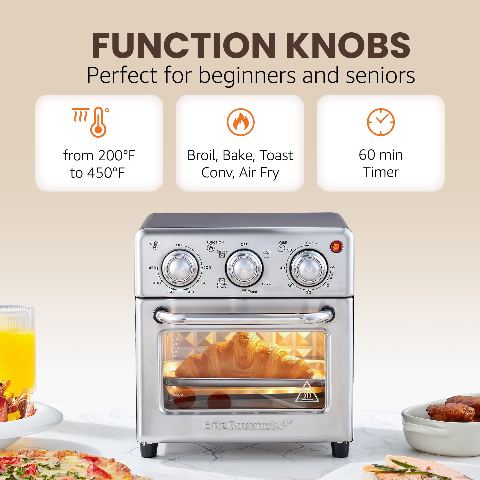 Elite Gourmet EAF0852SS 8.5Qt. Horno freidora de aire de capacidad, freír al aire, asar, tostar, hornear y asar con convección, controles de tiempo y temperatura, 800 vatios, incluye 25 deliciosas