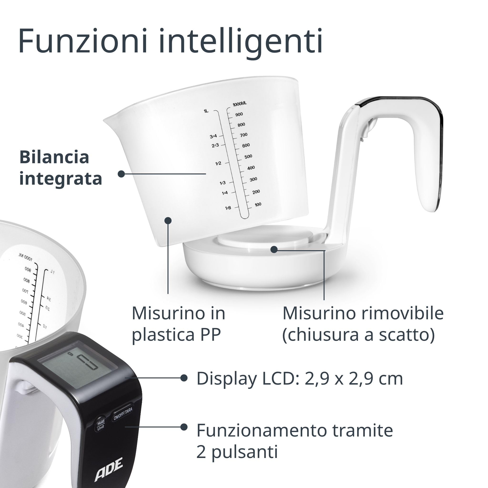 ADE Bilance Graduate Digitali - Misurino con Bilancia | Bilance da Cucina con Misurino per Pesare & Misurare - Misurino Elettronico Bianco/Nero