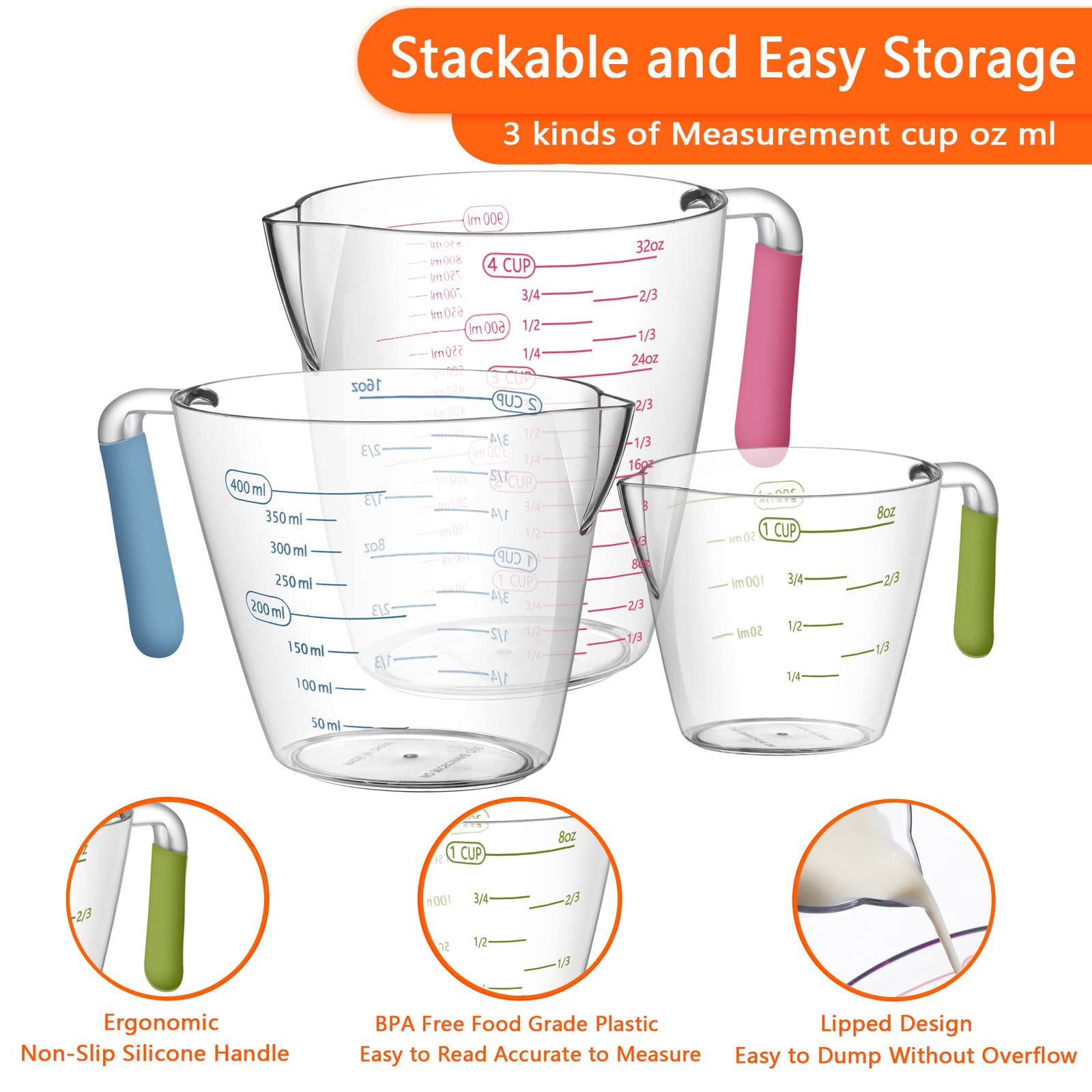 Juego de 20 tazas y cucharas medidoras apilables de acero inoxidable, cucharas y tazas medidoras de plástico para ingredientes secos y líquidos, utensilios de cocina para cocinar y hornear 6
