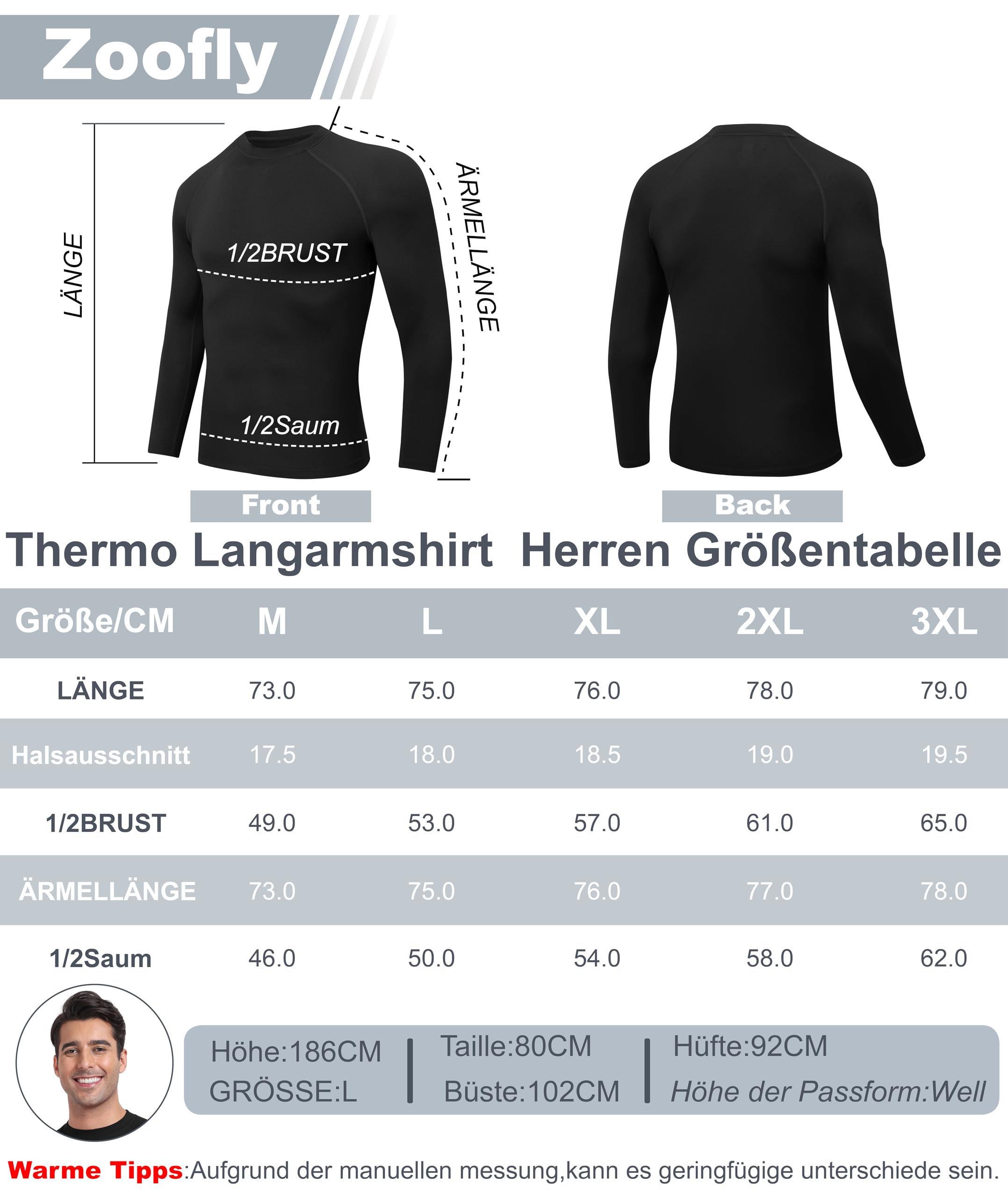 Zoofly Haut Thermique Homme Hiver T Shirt Homme Manche Longue sous Vetement Thermique Homme Travail Tee Shirt Polaire Homme Thermolactyl Sport Compression Chaud Vetement