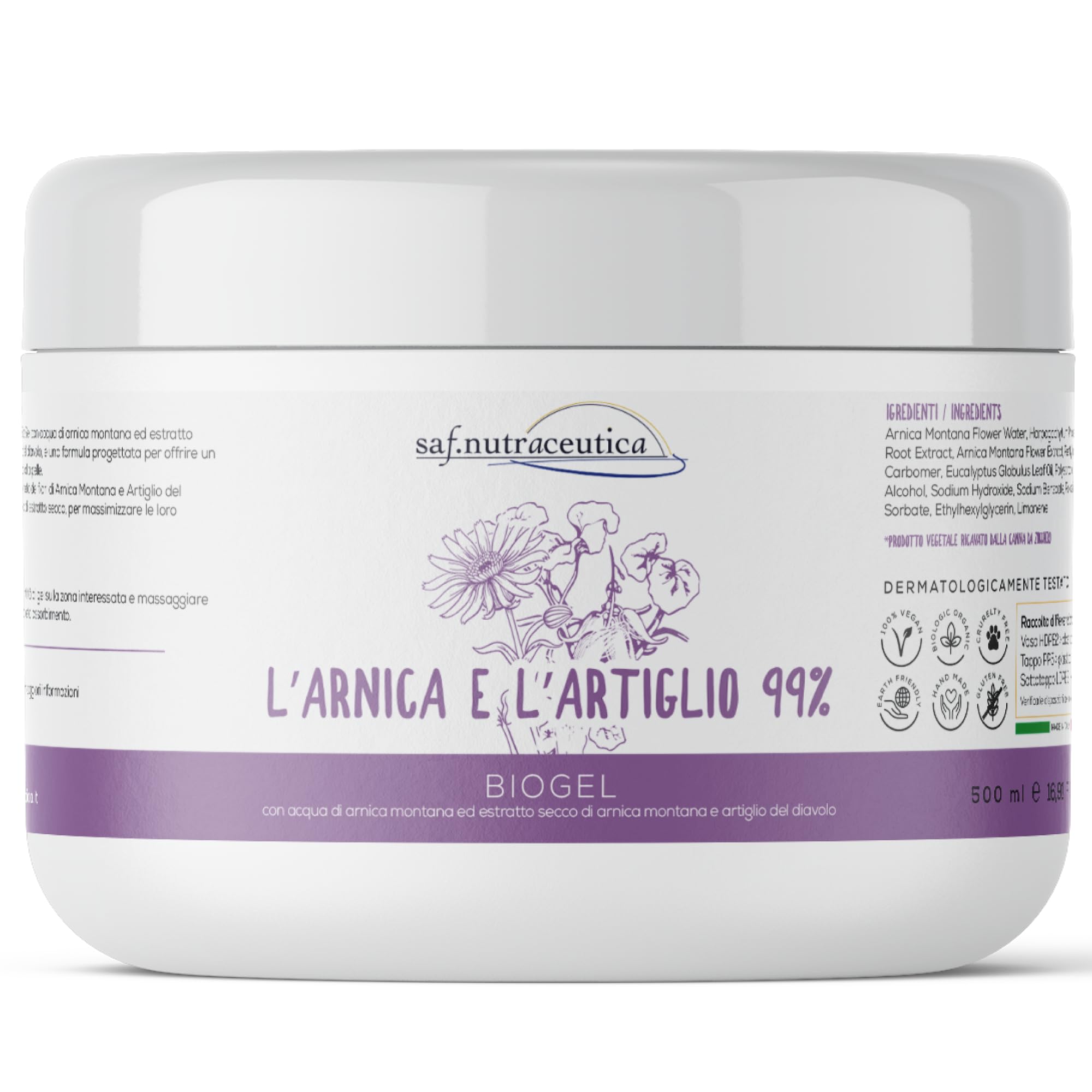 Saf.Nutraceutica - Gel Extra Forte 99% Arnica e Artiglio del Diavolo | Sollievo Muscoli e Articolazioni | Non unge | 100% Made in Italy | Vegan & Cruelty Free, Marrone, 500 ml