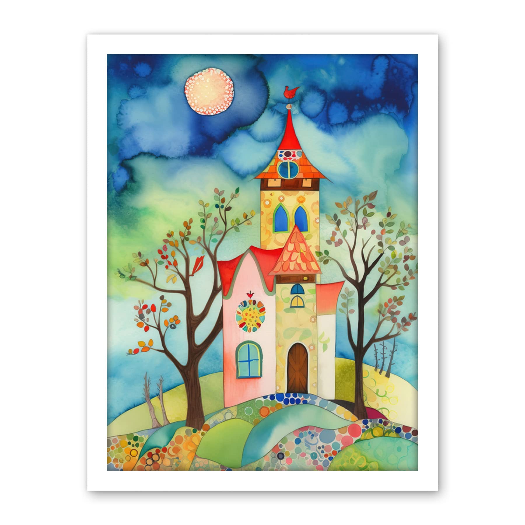 Artery8 Countryside Chapel Folk Art Watercolour Painting Artwork Framed Wall Art Print 18X24 Inch