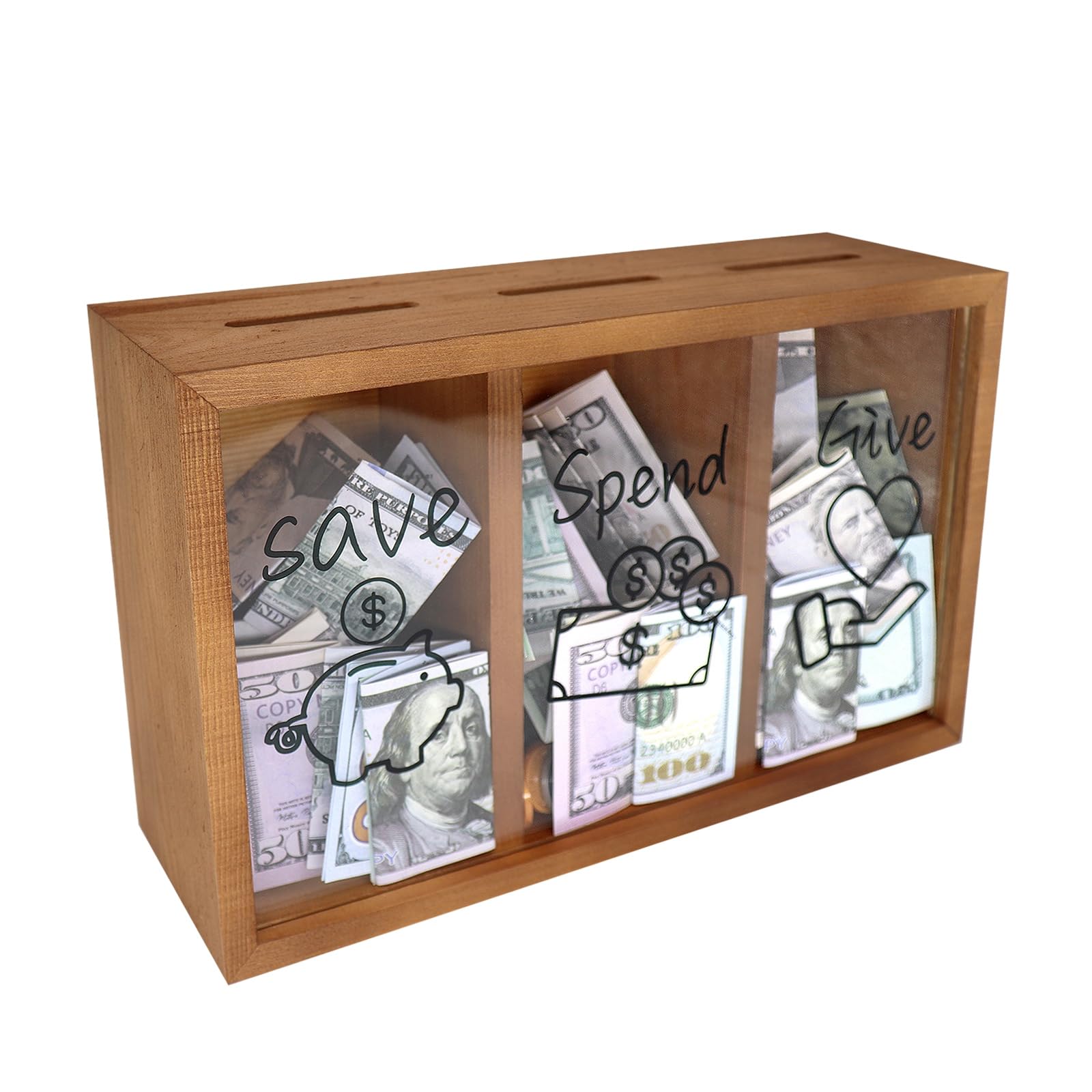 Mczxon Wooden Give Save Spend Money Saving Box for Kids, Money Coin Savings Piggy Bank Jar Box for Kids Safe Money Saver, Teach Children About Giving Saving Giving Money Piggy Box for Boys Girls