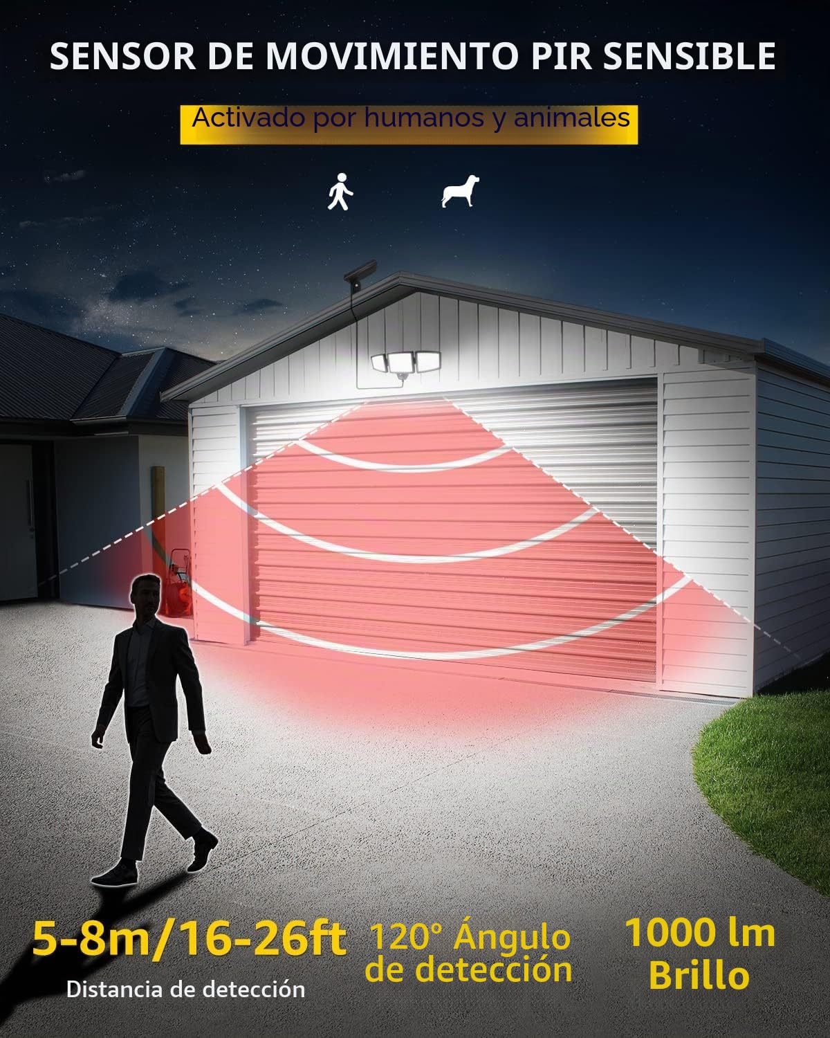 Lepro Luz Solar Exterior Detector de Movimiento, 72 LED 1000 LM, Pack de 2 | Foco Solar Exterior Potente de Seguridad, Impermeable IP65, 3 Cabezales, Ángulo de 270° Rotación de 360° para Jardin Garaje