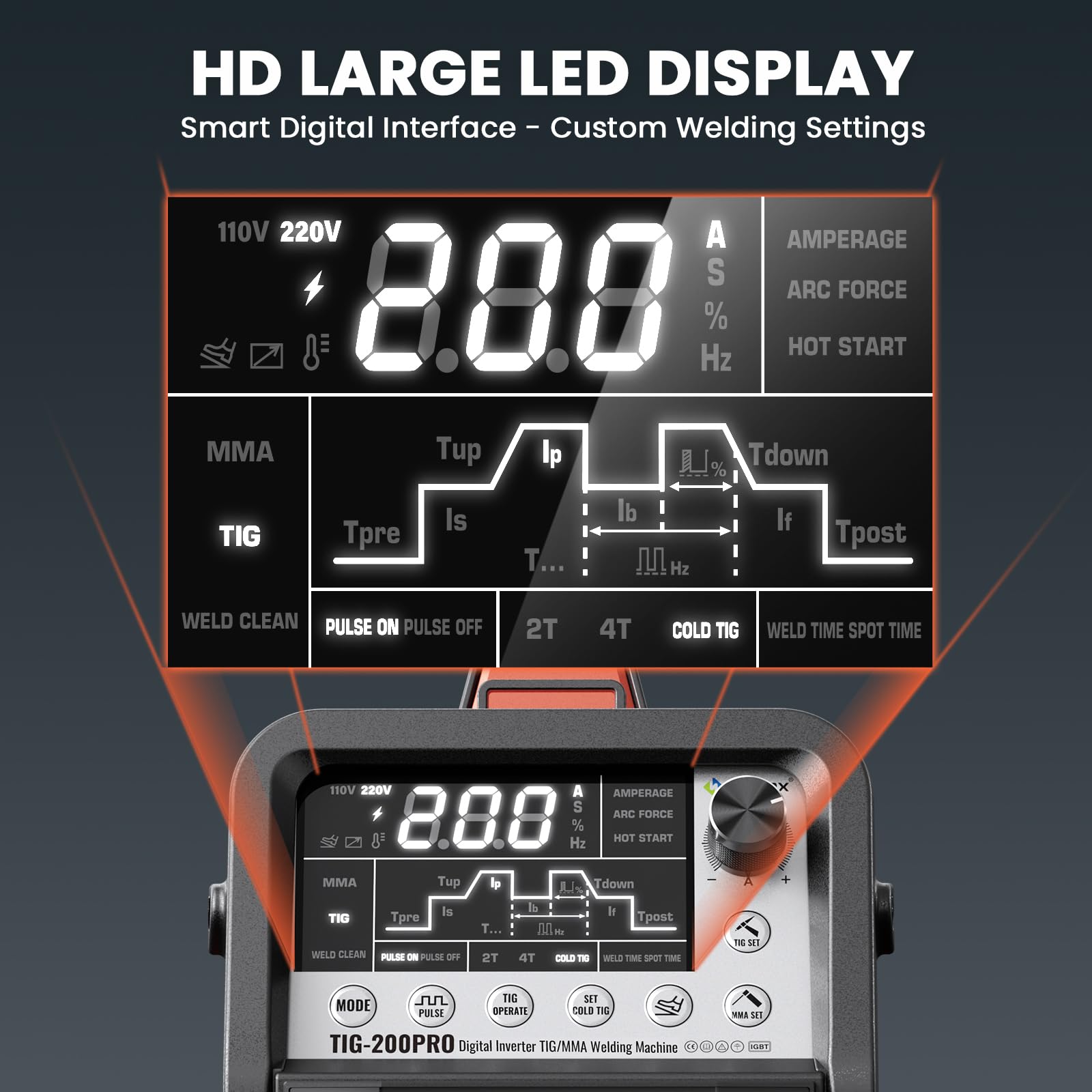 HITBOX Estación de Soldadura TIG 200A 230 V 6 en 1, Arranque HF, MMA/TIG/Pulse/Limpieza TIG/Punto/2T/4T, Con Pedal de Control y Casco de Soldadura (TIG200PRO)