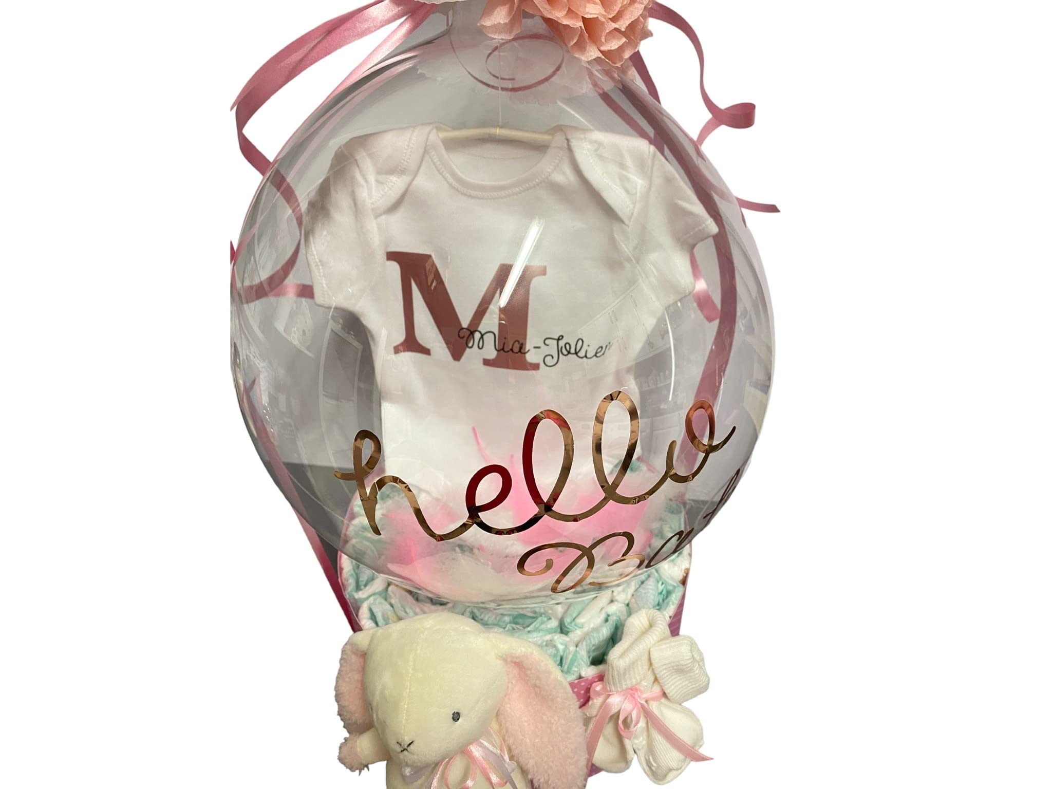Sinchns Bastelzauber Windeltorte Ballon Body Rosa Weiß Personalisiert Handmade mit 30 Windeln Größe 3, Babybody, Plüschtier, Söckchen