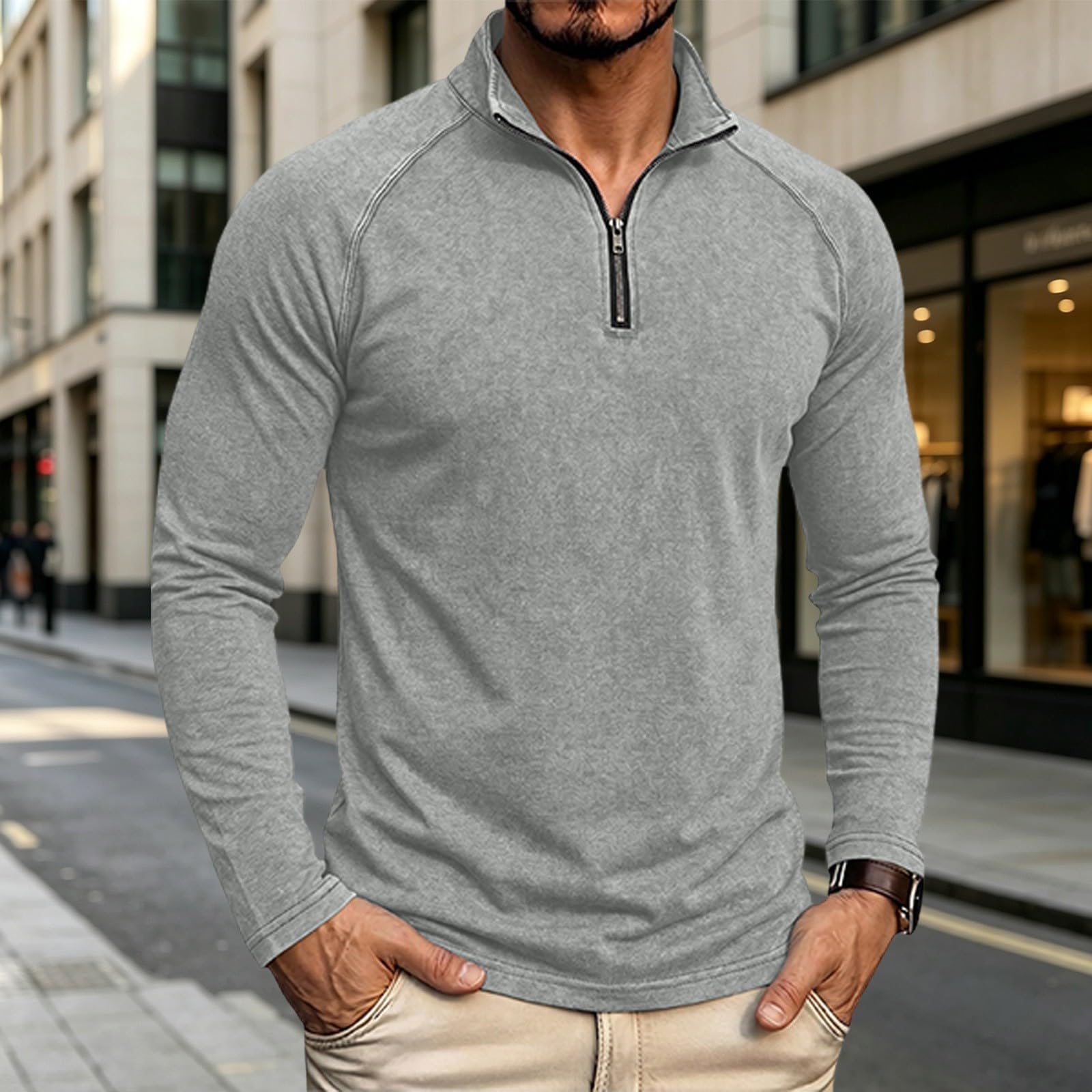 Herren-Poloshirt, langärmlig, mit 1/4-Reißverschluss, Helles Asche, XL