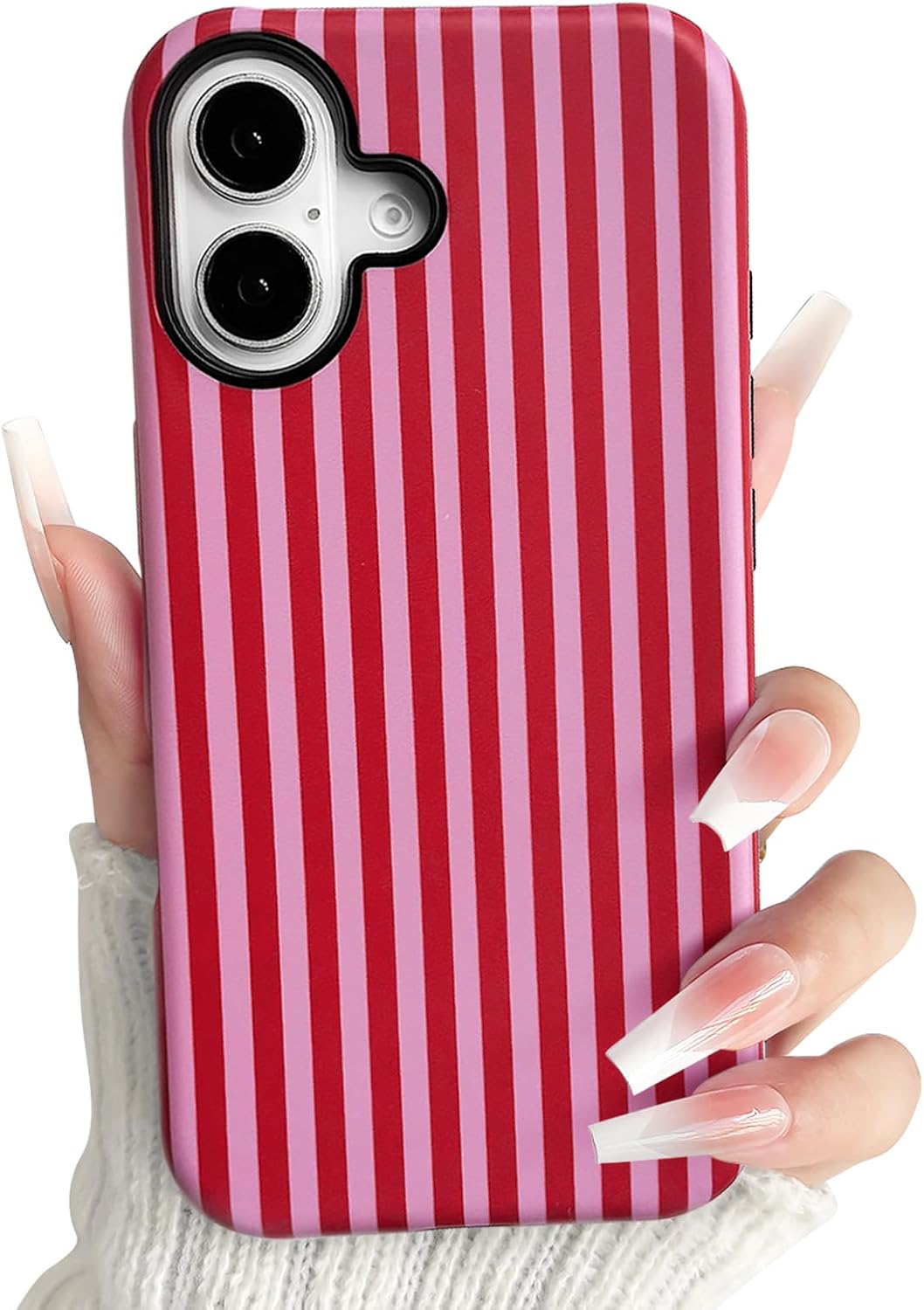 NITITOP Compatible with iPhone 16 Case Matte Cute Vertical Stripes for Women Girls Men Boy Striped Pattern Hybrid 2 Layers Back Shockproof Protective Cover - Rose Red