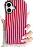 NITITOP Compatible with iPhone 16 Case Matte Cute Vertical Stripes for Women Girls Men Boy Striped Pattern Hybrid 2 Layers Back Shockproof Protective Cover - Rose Red