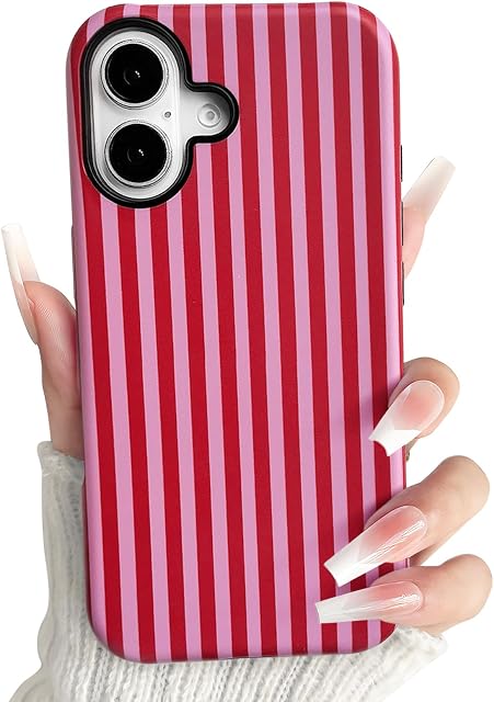NITITOP Compatible with iPhone 16 Case Matte Cute Vertical Stripes for Women Girls Men Boy Striped Pattern Hybrid 2 Layers Back Shockproof Protective Cover - Rose Red