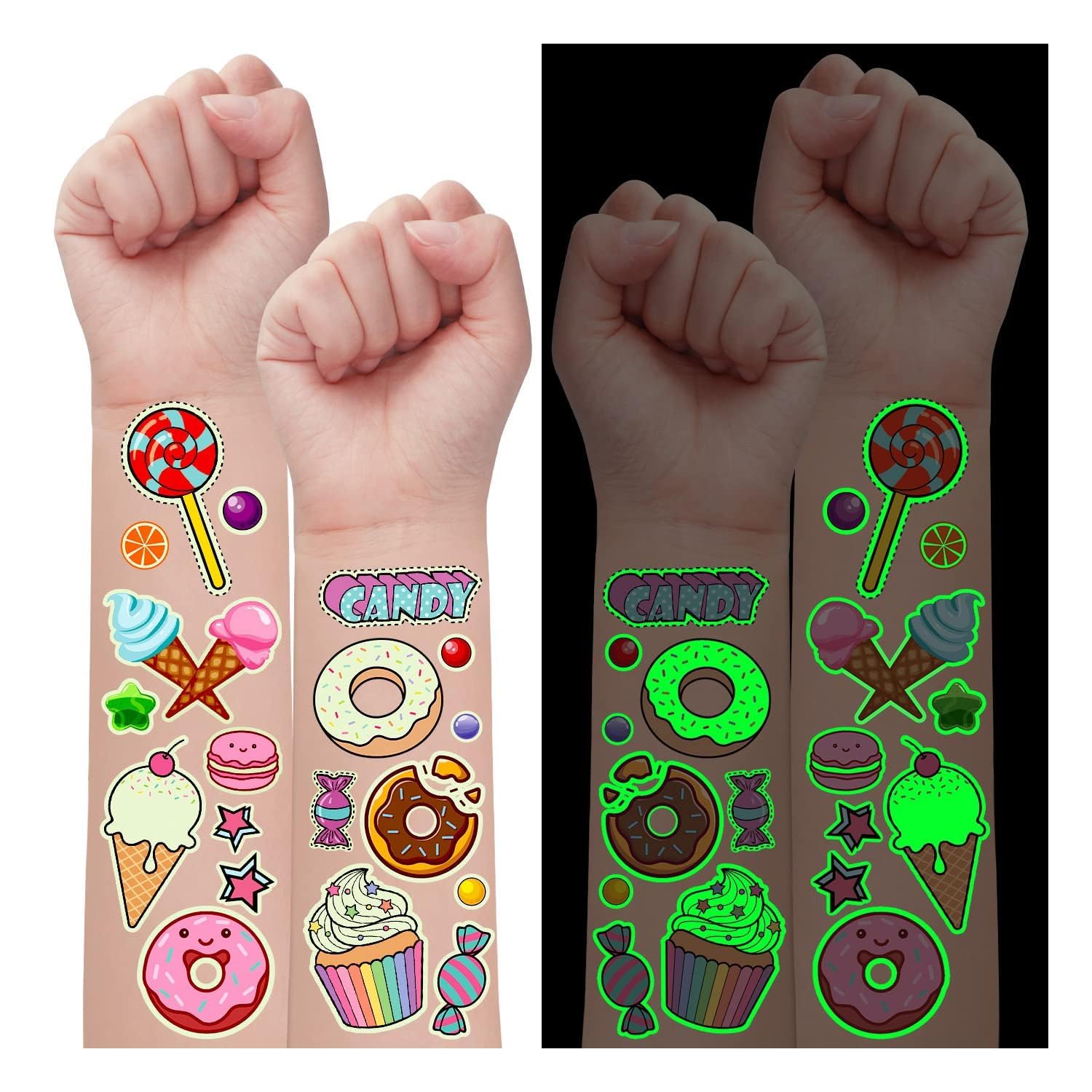 Partywind Luminous Donut Party Supplies Temporary Tattoos for Kids | 145 Styles, Glow Ice Cream Birthday Party Decorations, Party Favors for Girls, Cupcake Candy Tattoo Stickers