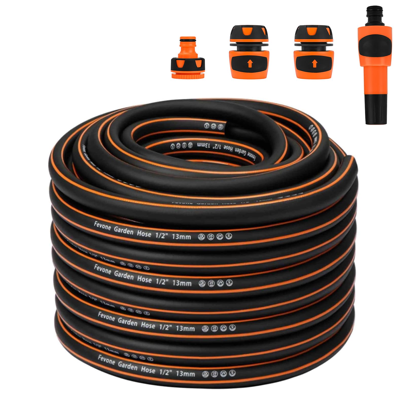 Fevone Gartenschlauch 30m 1/2 Zoll (13mm) Schlauchrohre für Garten 4ly 25 Bar Hochbelastbar Tragbar Außen Kompressor Schlauchleitung Flexibel Robust Gurtbar Schwarz/Orange mit Zubehör