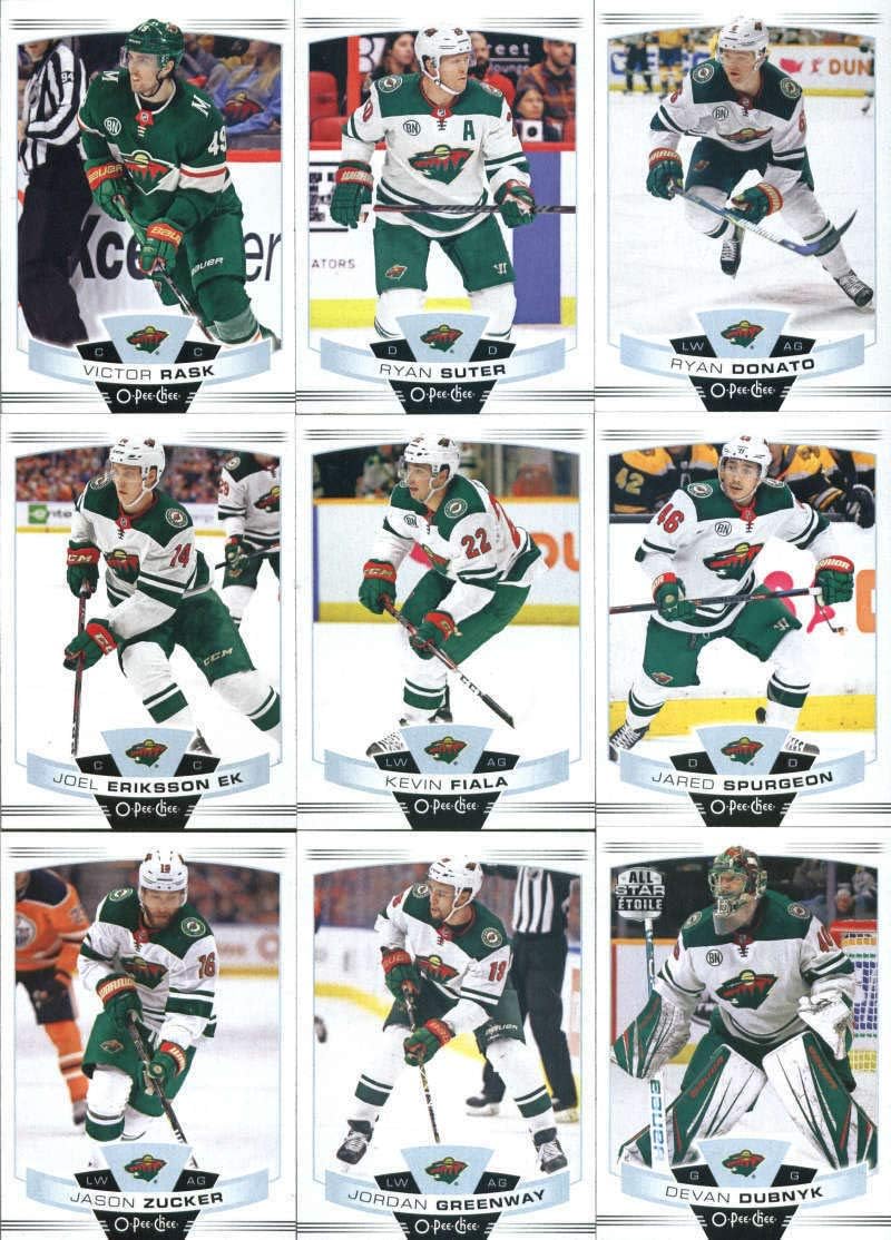2019-20 O-Pee-Chee Hockey Minnesota Wild Team Set (Made by Upper Deck) of 16 Cards: Victor Rask(#7), Ryan Suter(#9), Ryan Donato(#141), Joel Eriksson Ek(#169), Kevin Fiala(#205), Jared Spurgeon(#211), Jason Zucker(#227), Jordan Greenway(#253), Devan Dubnyk(#267), Zach Parise(#276), Marcus Foligno(#326), Nick Seeler(#406), Eric Staal(#420), Mikko Koivu(#426), Matt Dumba(#452), Jonas Brodin(#482)