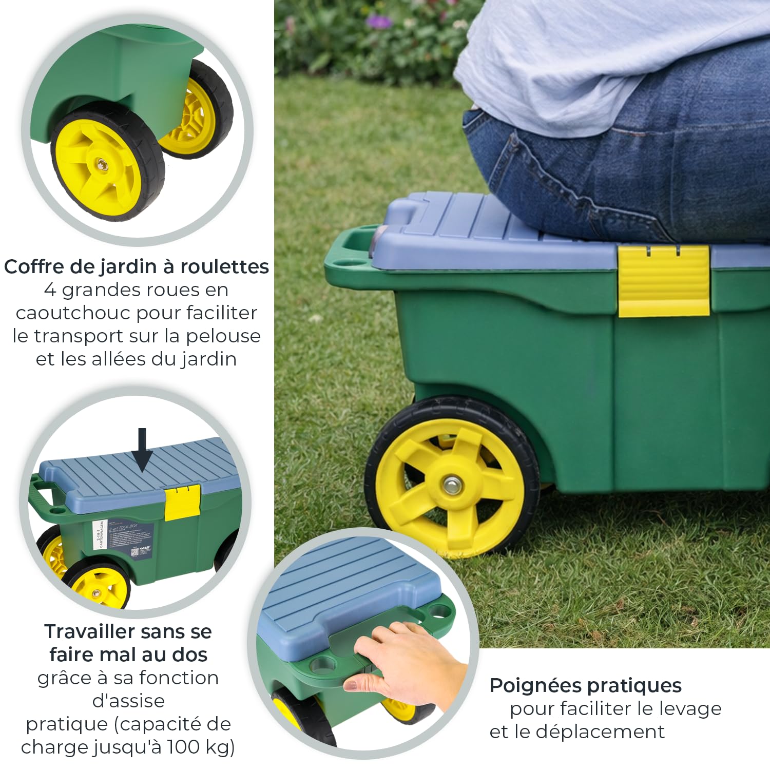 HMF Chariot de jardin 2 en 1 avec siège et espace de rangement, tabouret de jardin avec grandes roulettes, siège roulant pour le jardinage jusqu'à 100 kg | 55 x 26,5 x 29,5 cm | Vert