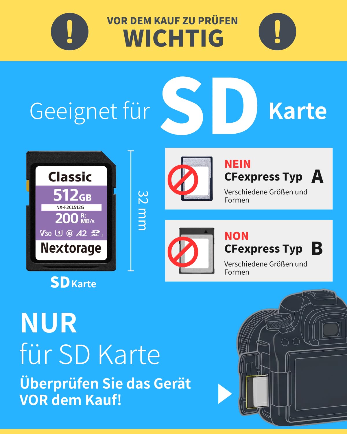 Nextorage SD Karte 512GB UHS-I SDXC, japanische speicherkarte datenspeicher SD Card, Kamera Zubehör für Nikon/Canon/Sony/Fujifilm, F2CL NX-F2CL512G