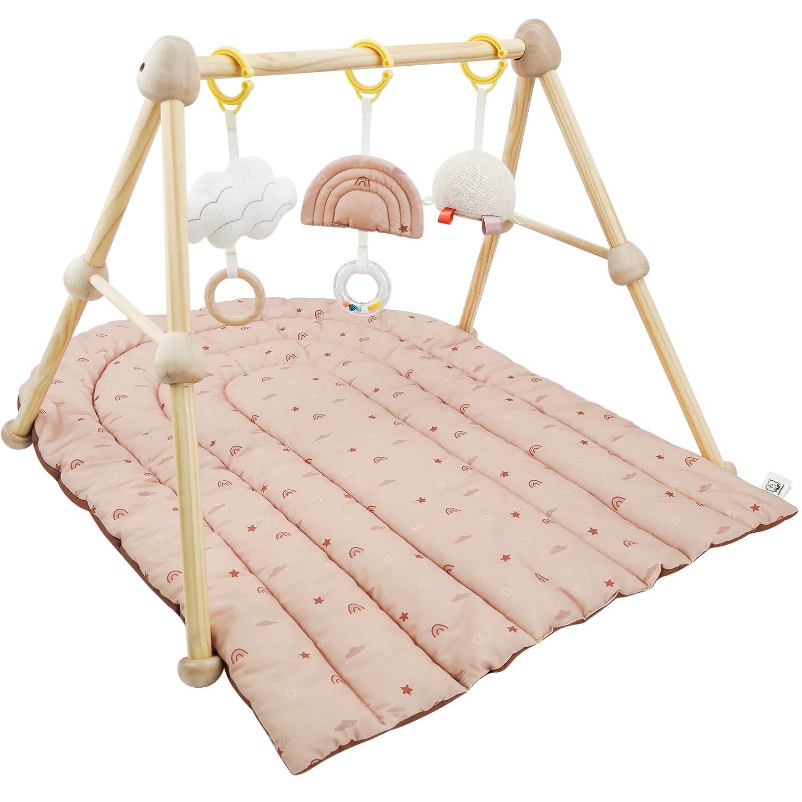 Cottonbebe 4 IN 1 Spielbogen Baby, Spielmatte Babies mit Natur Holz Activity Spielbogen, 3 abnehmbaren Spielzeugen zum Greifen, für ab 0-3-6-12-36 Monaten,Braun-Regenbogen