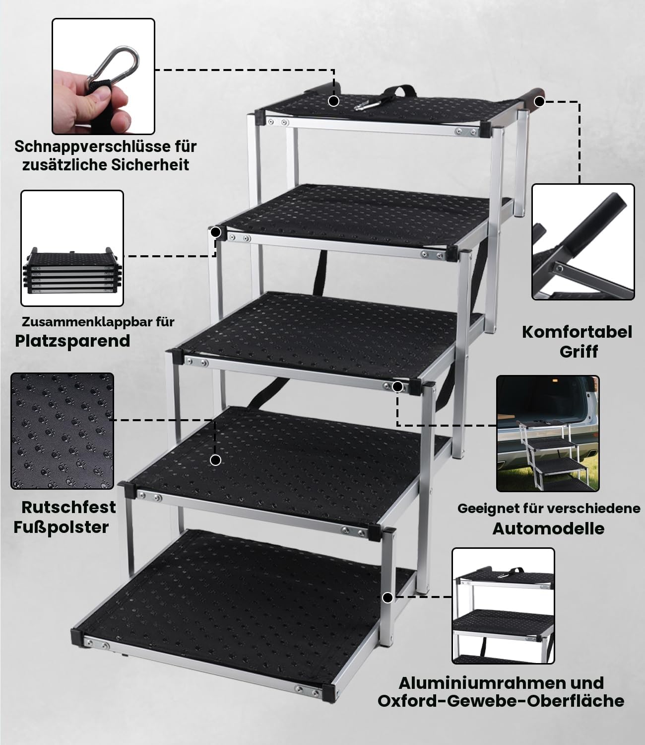 Hundetreppe Auto, Hunderampe Auto klappbar, Haustiertreppe mit Hundeliftgeschirr, 5 Stufen Hundetreppe Große Hunde bis 80kg, Rampe Hunde Treppe für die Für Kleine, Mittlere, Große