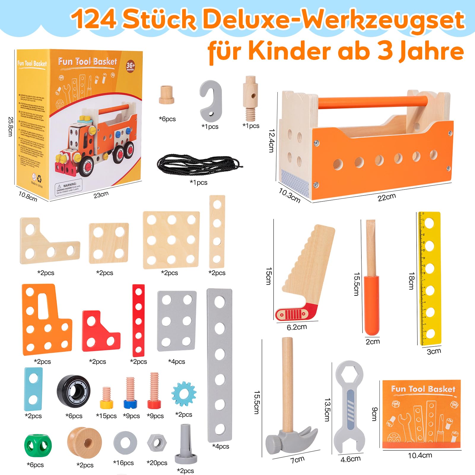 XIAPIA Boîte à Outils en Bois pour Enfants – 124 Pièces Deluxe, Kit de Construction Grande Taille, Jouet Éducatif, Développement de la Motricité et de la Créativité – Dès 3 Ans