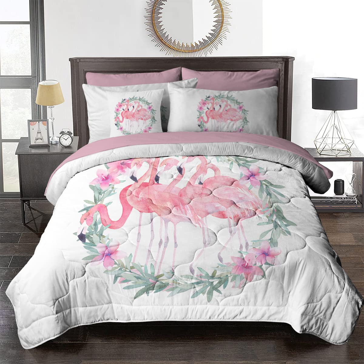 BlessLiving Kids Girls Flamingo Bed in a Bag 8 Piece Green Tropical Full Size Comforter Set Pastel Pink - (1 Comforter, 2 Pillow Shams, 1 Flat Sheet, 1 Fitted Sheet, 2 Pillowcases, 1 Cushion Cover)