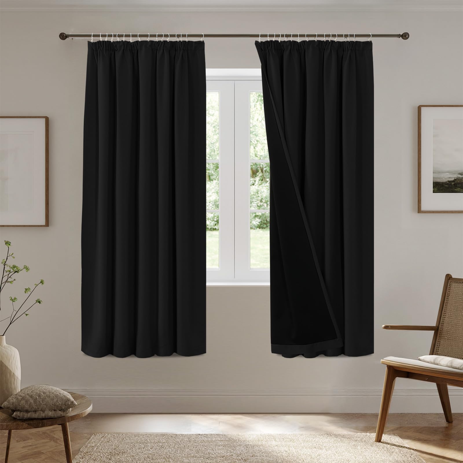 H.Versailtex 100% Blackout Curtains - Thermal Insulated Bedroom Window Curtains & Drapes Home Decor Solid Draperies Sun Blocking, Energy Saving, W46x L54 Inch, 2 Panels, Black