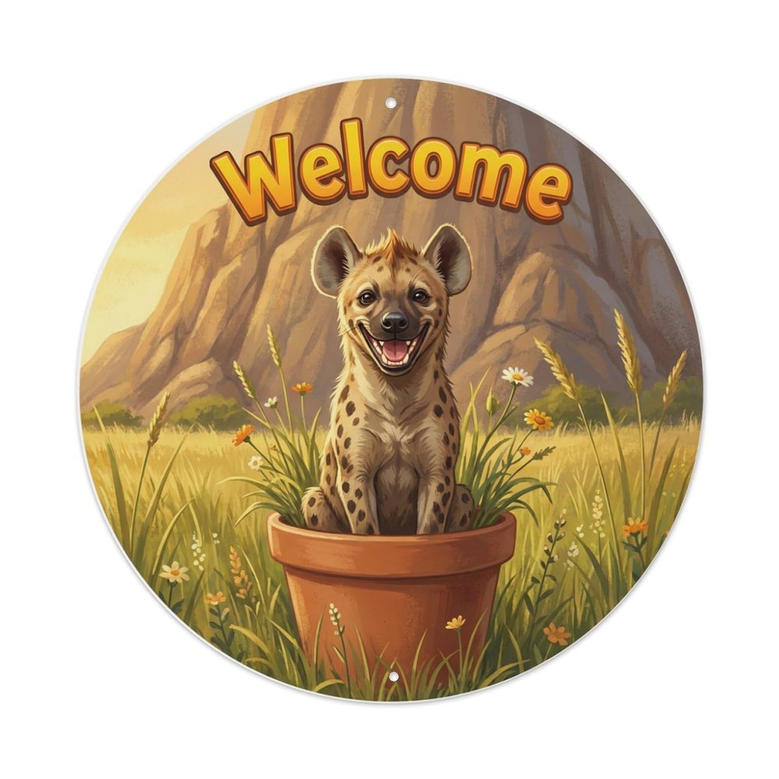 Metal Tin Sign Welcome Hyena Savanna Grass