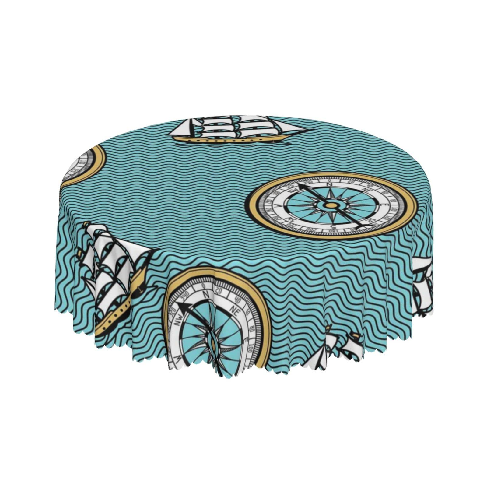 Lsjuee Old Nautical Map Compass Blue Round Tablecloth 60 Inch Printed Washable Tablecloth for Dining Party Holiday Fall Home Decorative