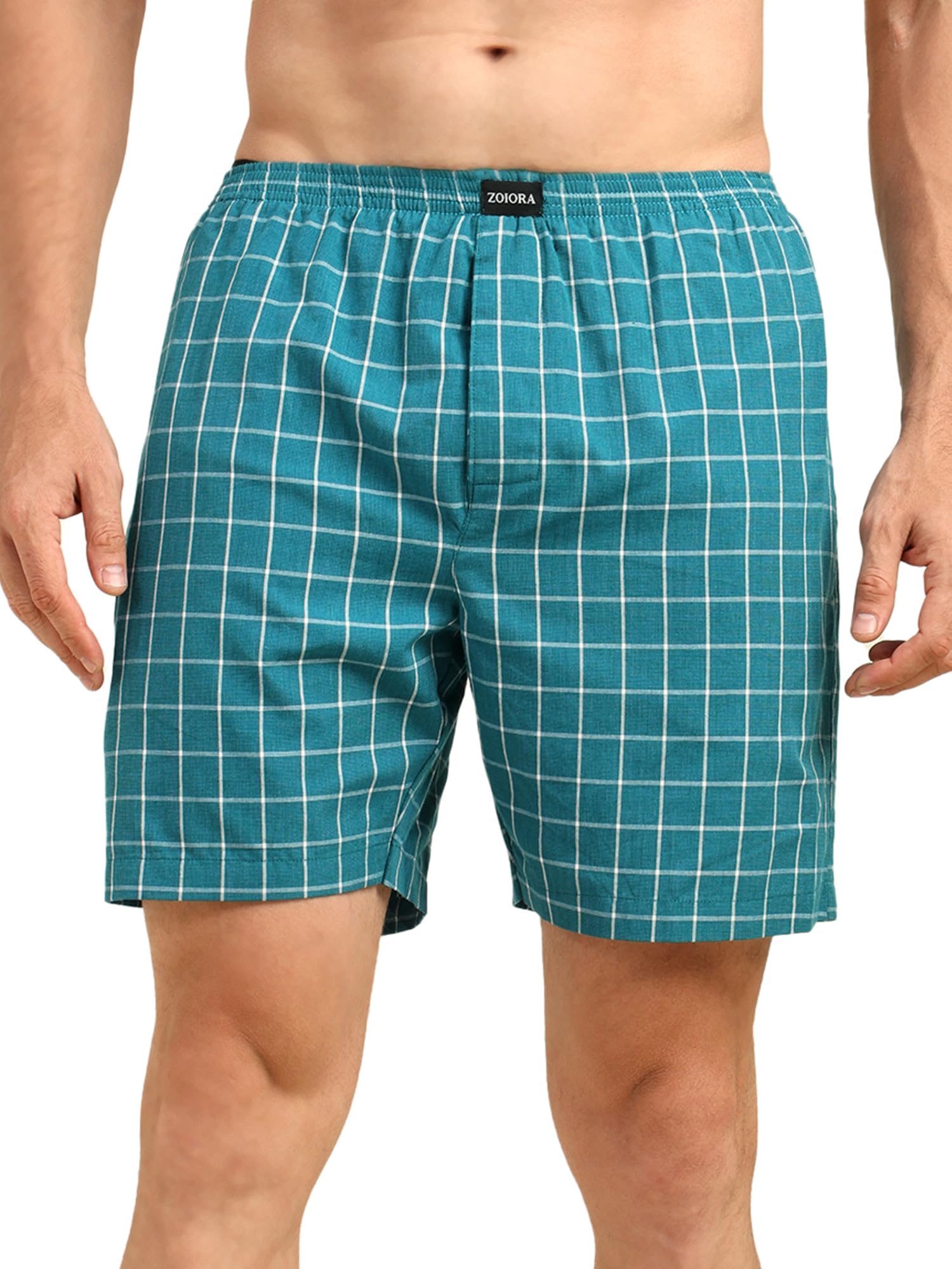 Pure Cotton Teal Check Boxers for Men with Side Pockets Regular Fit-image-0