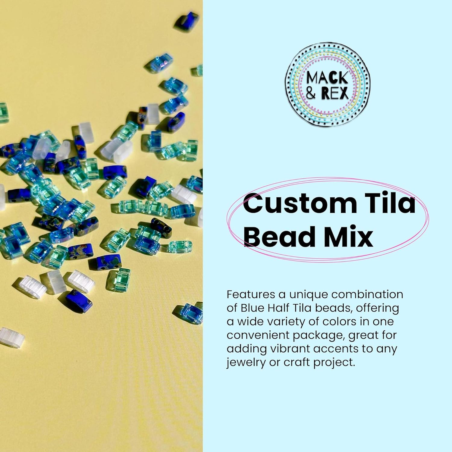 Mack and Rex Tila Bead Mixes (Ocean) – Half Tila Beads – Includes Transparent Sky Blue (HTL0148), Picasso Blue Cobalt (HTL4518), Silky Ice Blue, Cobalt Matte Rainbow and a Few Others.