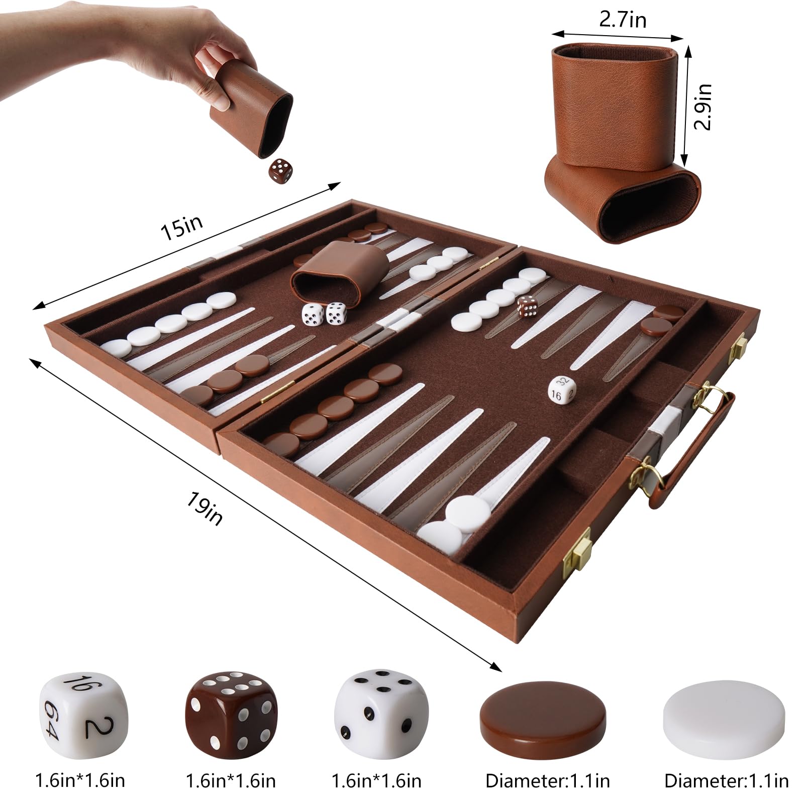 Backgammon, Backgammon Set 15 Pouces, Grand Jeu De Back-Gammon pour Adultes, Back-Gammon en Cuir véritable, Back-Gammon de Voyage, pour Les campeurs et Les Fans de Voyage (avec dés et doubleur)