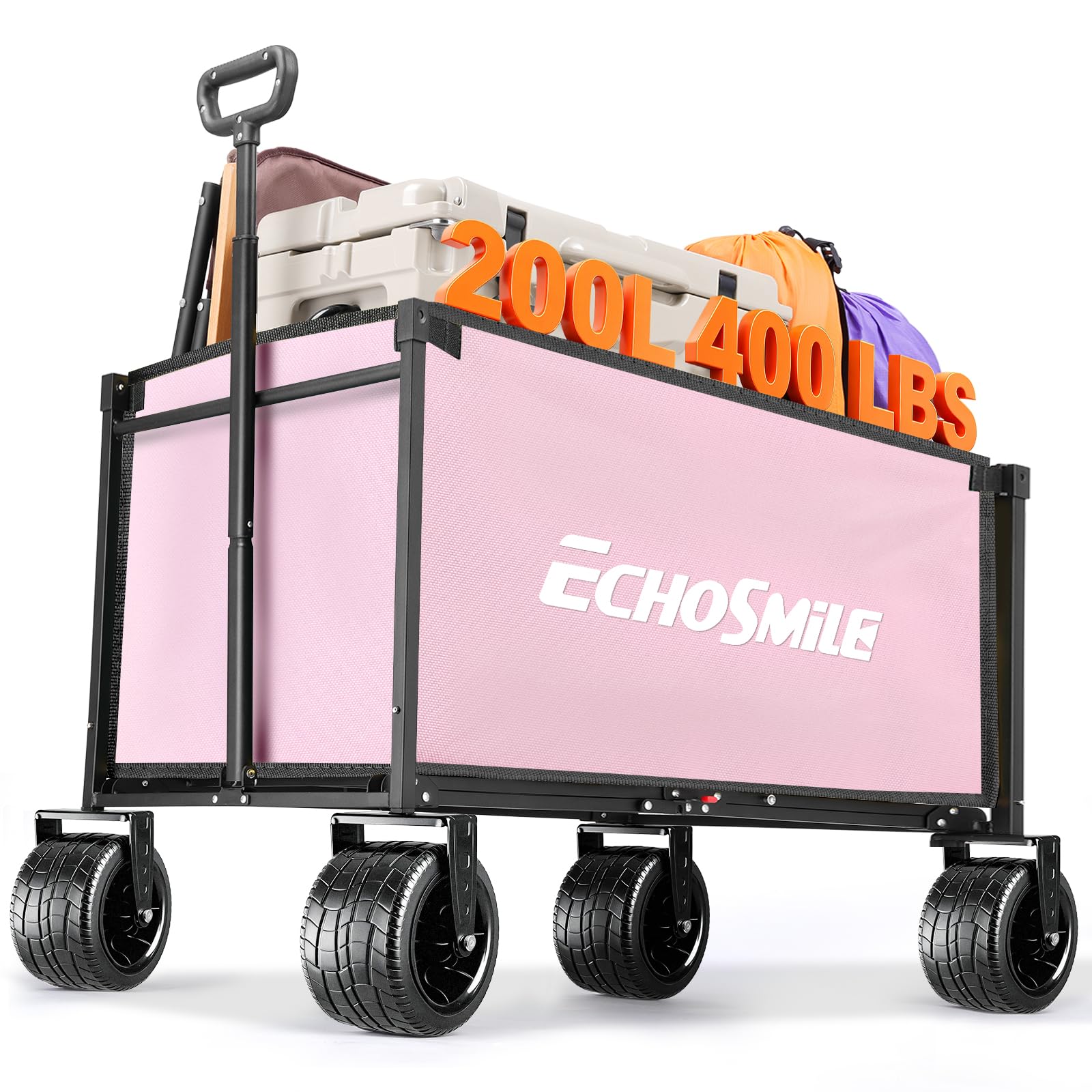 EchoSmile Bollerwagen Faltbar 200L 180KG Belastbar, Handwagen Transportwagen Klappbar mit Verstellbarem Griff, Breite Räder All-Terrain Strandwagen Gartenwagen Einkaufswagen, Rosa