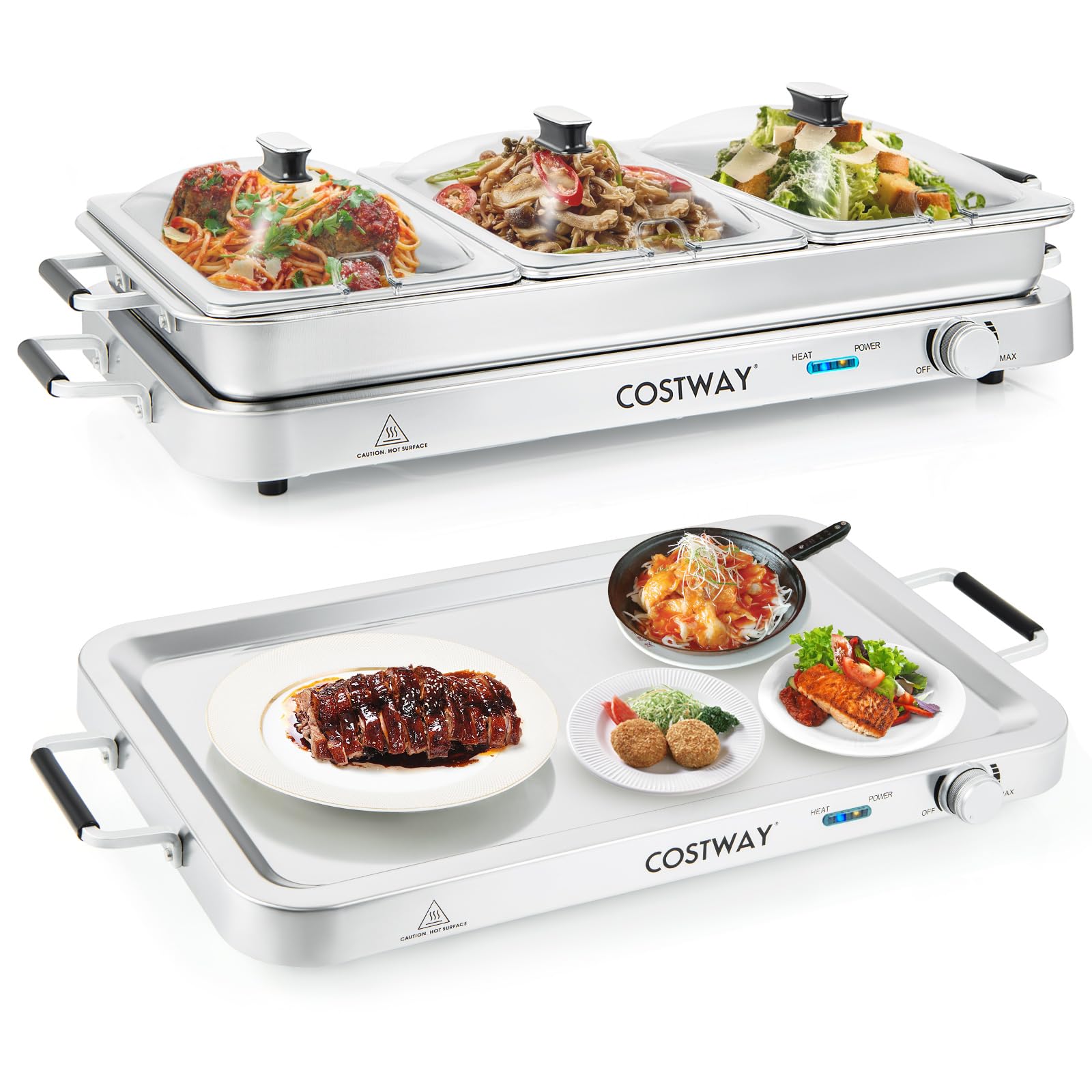 COSTWAY 2 en 1 Bandeja Eléctrica con Control de Temperatura, 450 W Calentador de Alimentos con 3 Bandejas para Servir, Bandeja Portátil de Acero Inoxidable, 9 L Servidor de Buffet