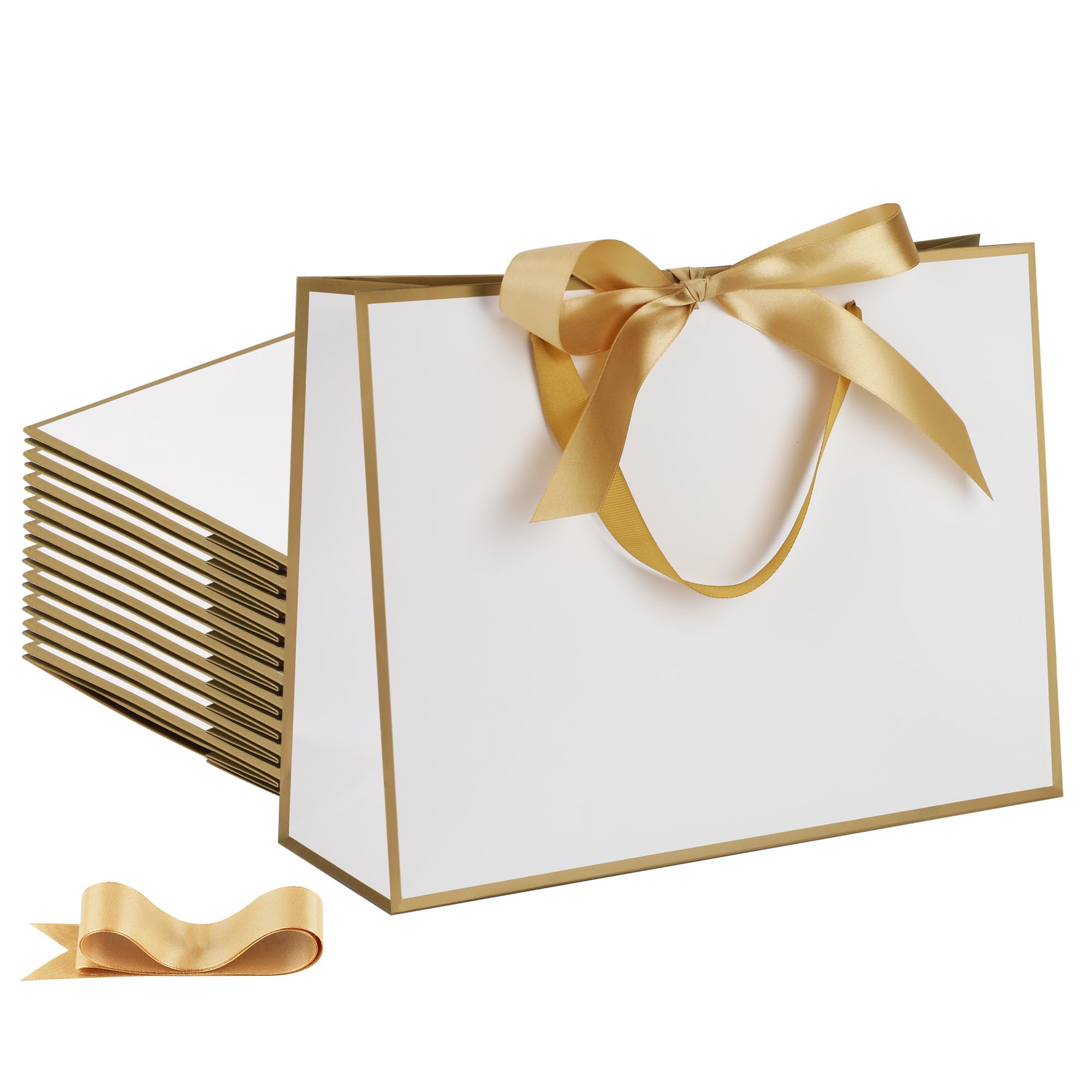 STOBOCTER Papierowe torby na prezenty z uchwytami, 30 x 10 x 22 cm, z wstążką z kokardką, na ślub, dla druhny, drużby, ukończenia szkoły, parapetówki, przyjęcie urodzinowe, białe, złote, 25 szt
