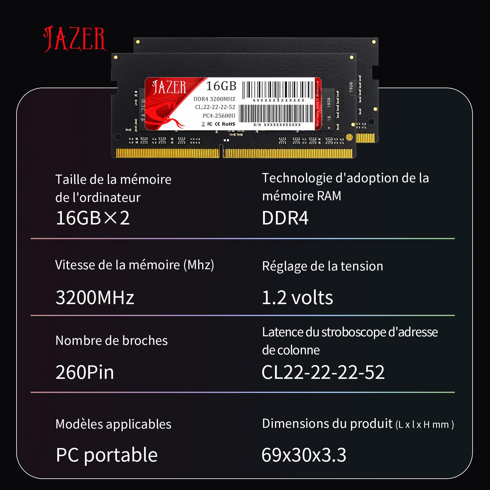 JAZER RAM 32Go (2x16Go) DDR4 3200MHz SODIMM CL22 Kit de Mémoire vive pour Ordinateurs Mini PC/Notebooks, RAM Informatique Haute Performance