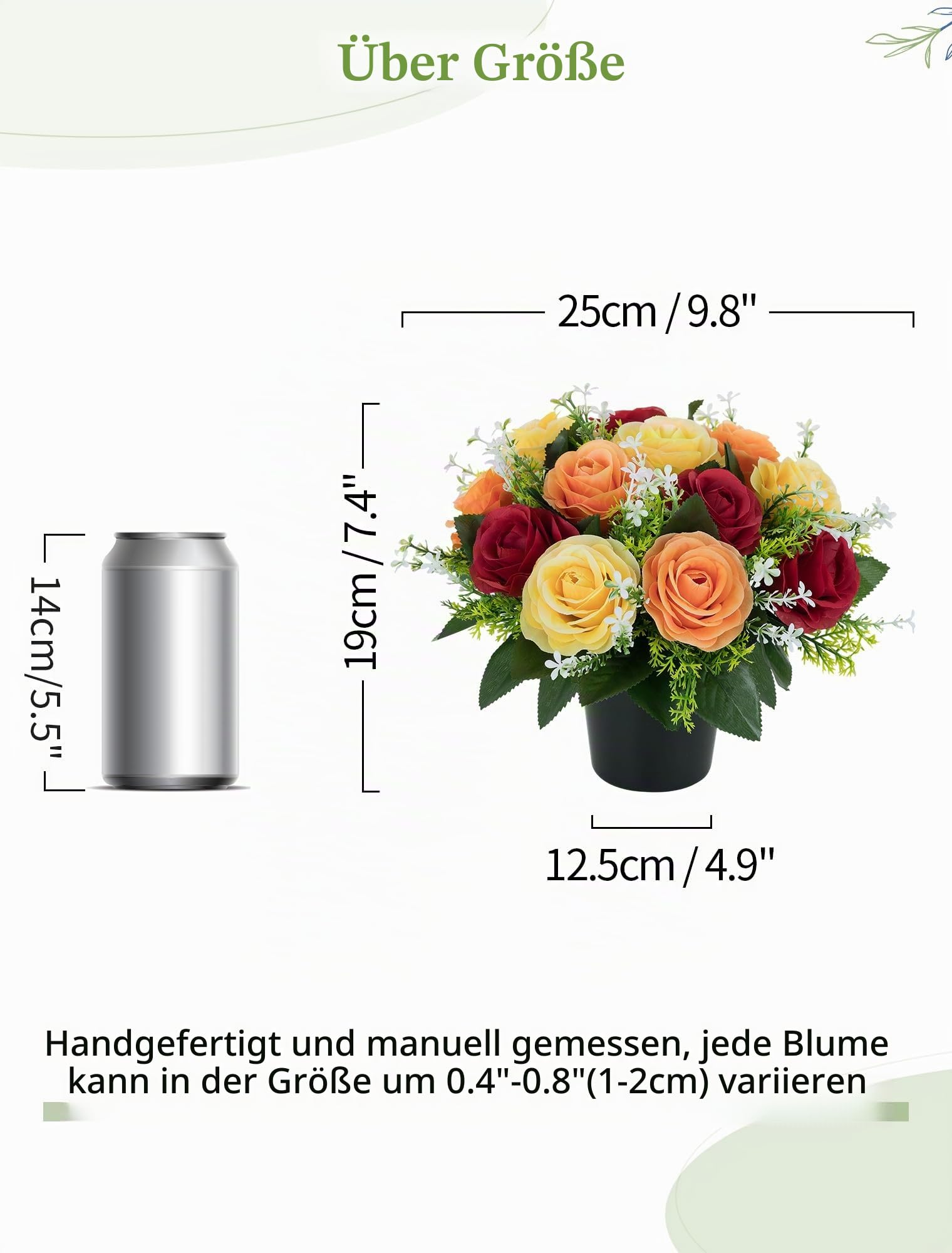 BLOSMON Künstliche Blumen im Topf für Grabschmuck: 2 Stücke Rot Gelb Orange Kunstblumen Künstlich Rosen Grabgestecke mit Vase für Grab Friedhof Deko Grabgesteck mit Grabvase für Grabstein Grabdeko