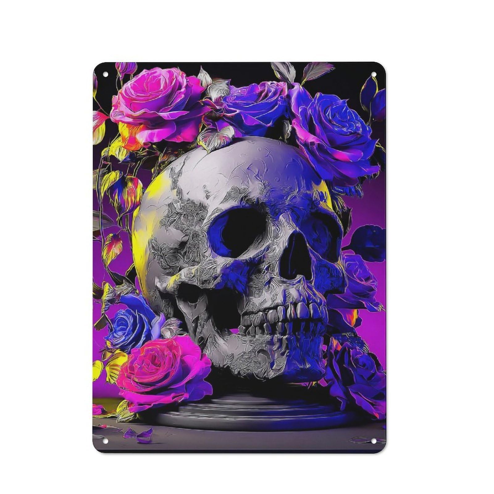 Junmoney Skull With Vibrant Flowers Metal Wall Plaque With Design 40X30cm, Old Fashioned Vintage Wall Decor For Living Room, Hallway, Kitchen Or Cafe