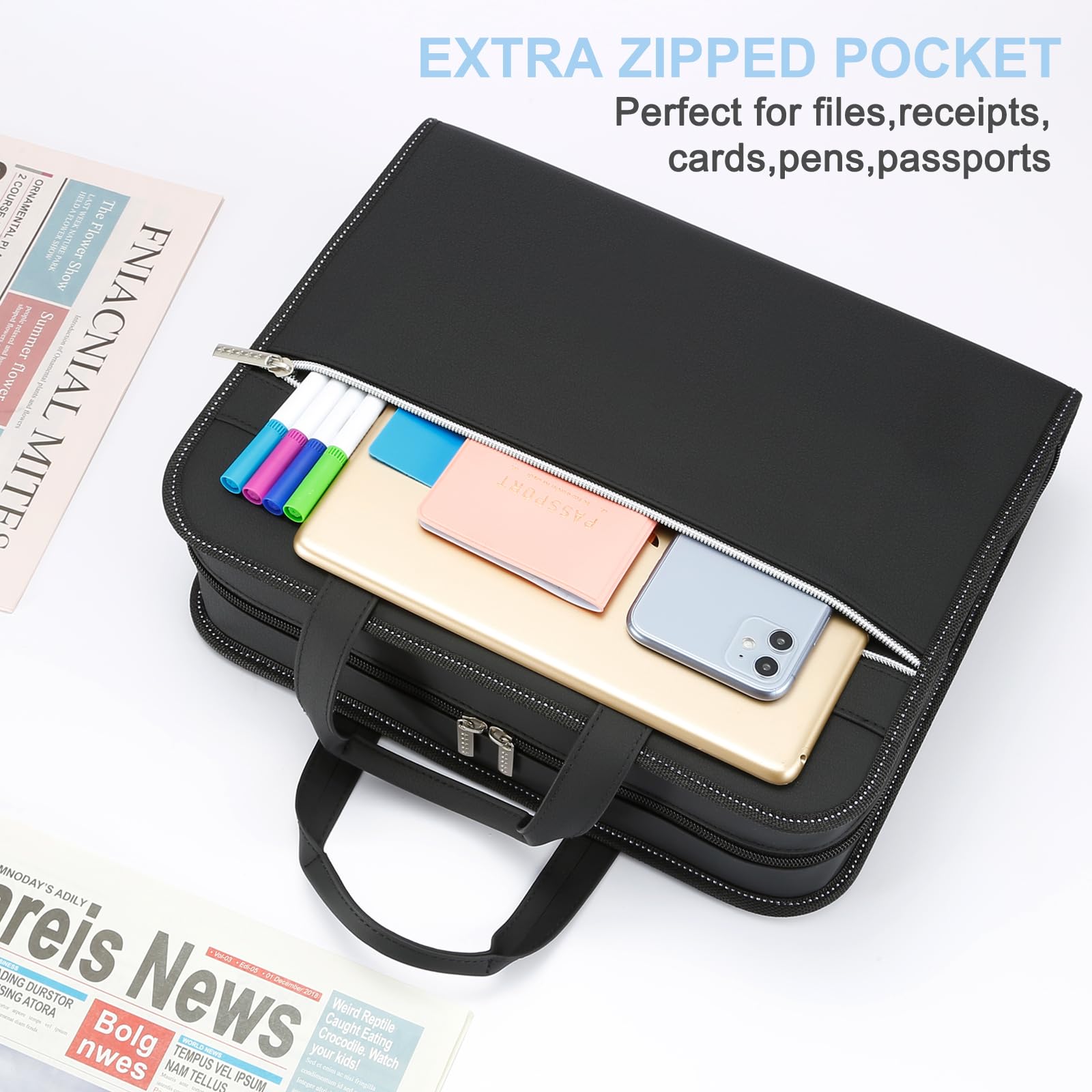 Organizer per documenti a fisarmonica in pelle PU con manico e cinghia, 12 tasche espandibili con cerniera ed etichette, organizer portatile per documenti formato A4