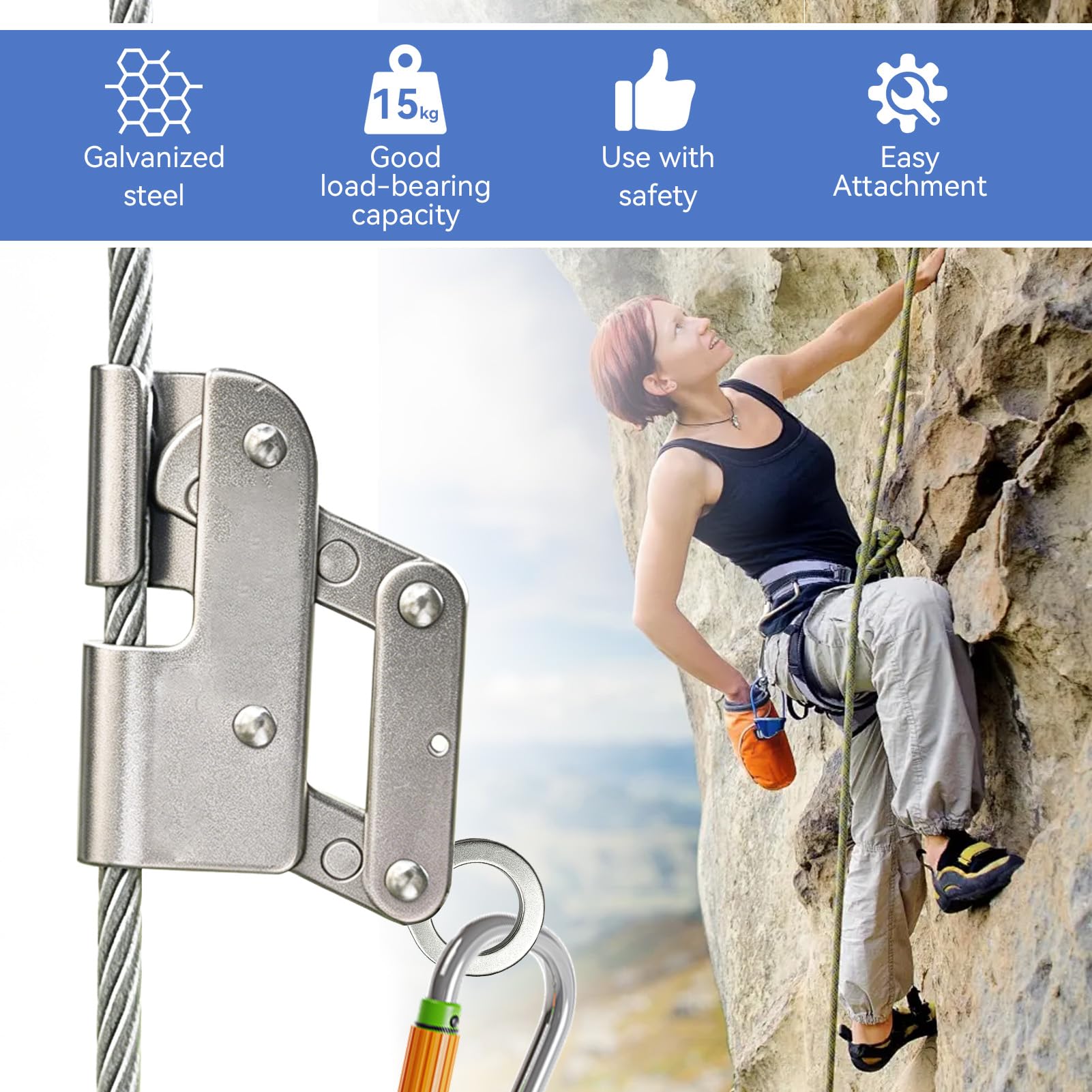 Coulisseau de sécurité autobloquant, blocage de corde anti-chute d'escalade de 8 à 12 mm avec ressort Dispositif de maintien de corde de sécurité à forte charge pour le travail aérien la randonnée