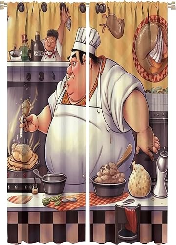 Miniatura 28 de Cortina de decoración de cocina de chef, retro gourmet de dibujos animados, chef gordo de cocina, patrón de comida gourmet, decoración del hogar,